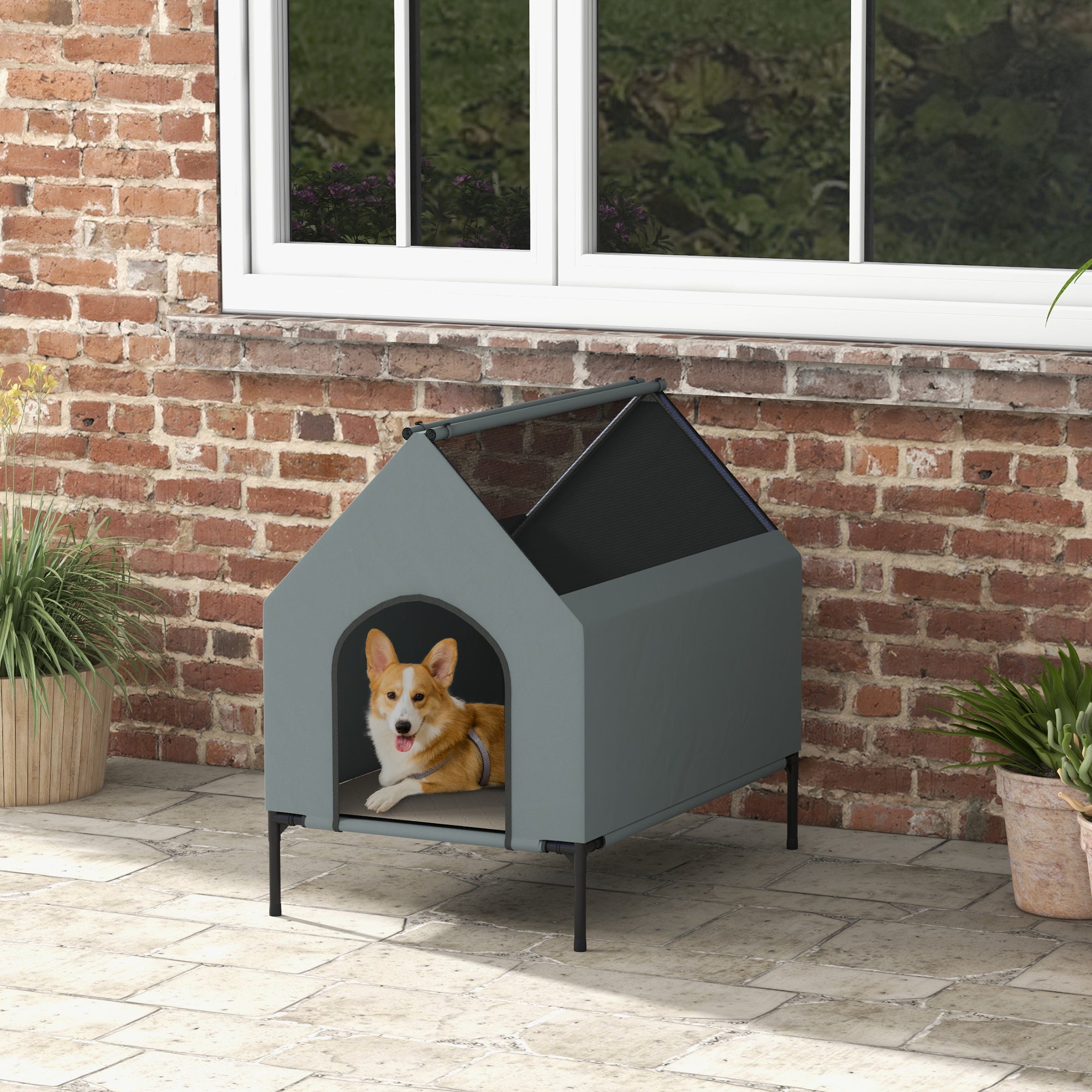 Dog House Outdoor Elevated Dog Bed with Removable Cover, Mesh Windows, Storage Bag, for S and M-Sized Dogs, Grey Houses, Kennels & Pens   at Gallery Canada