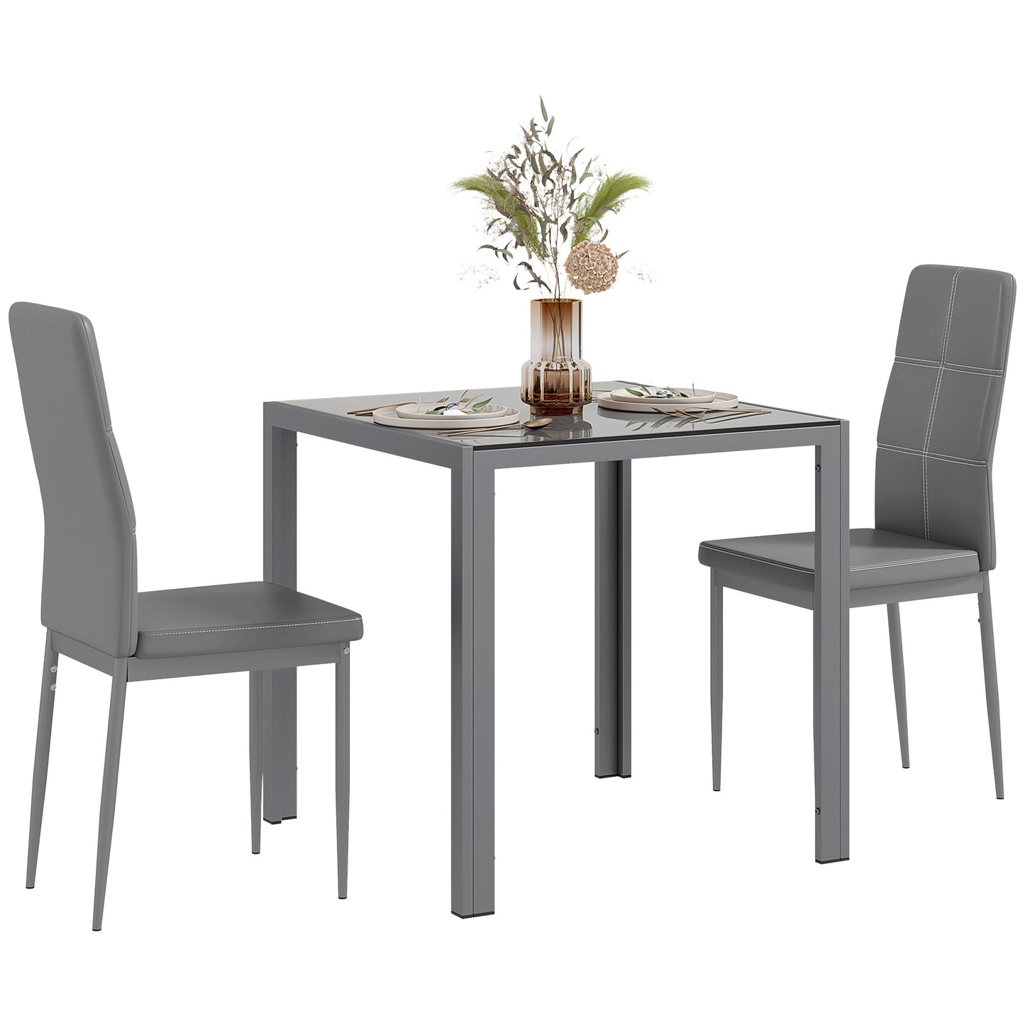 3-Piece Rectangular Glass Kitchen Table and Chairs with Metal Frame and Faux Leather Upholstery for Dining Room, Grey Bar Sets   at Gallery Canada