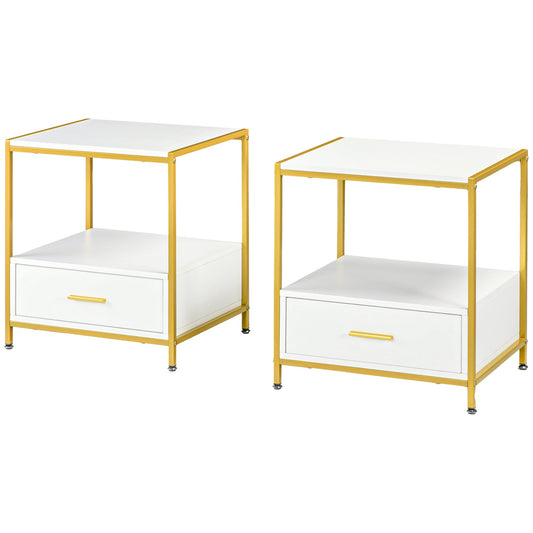 Bedside Table Set of 2, Side End Table with Drawer and Shelf for Bedroom, 19.7"W x 15.7"D x 21.7"H, White and Gold - Gallery Canada