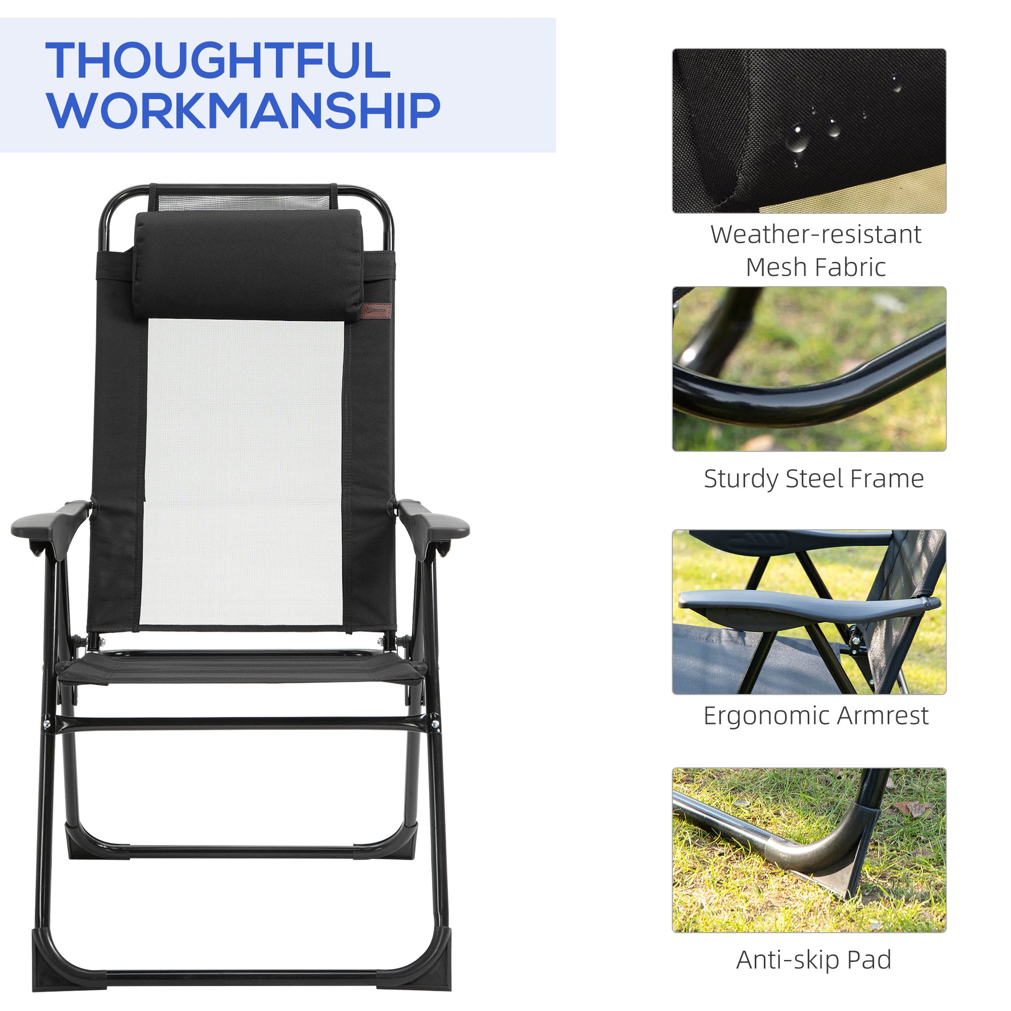 Set of 4 Camping Chairs, Outdoor Folding Lounge Chair Set with 5 Level Adjustable Backrest, Removable Headrest, Armrest for Camping, Backyard, Black Patio Chairs at Gallery Canada