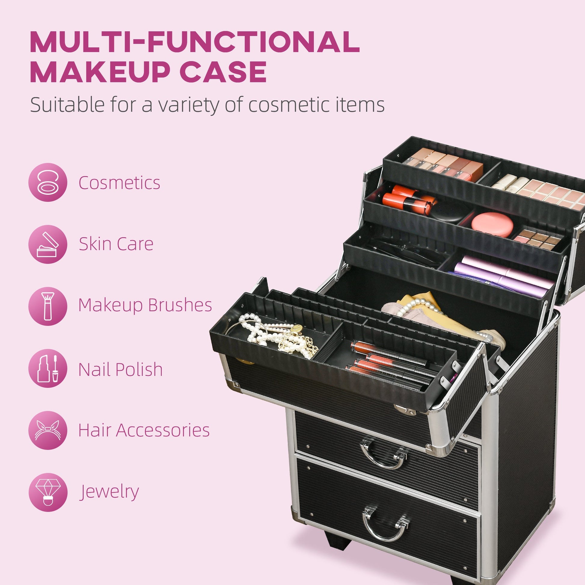 Rolling Makeup Train Case, Large Storage Cosmetic Trolley, Lockable Traveling Cart Trunk with Folding Trays, Swivel Wheels and Keys, Black Makeup Cases   at Gallery Canada