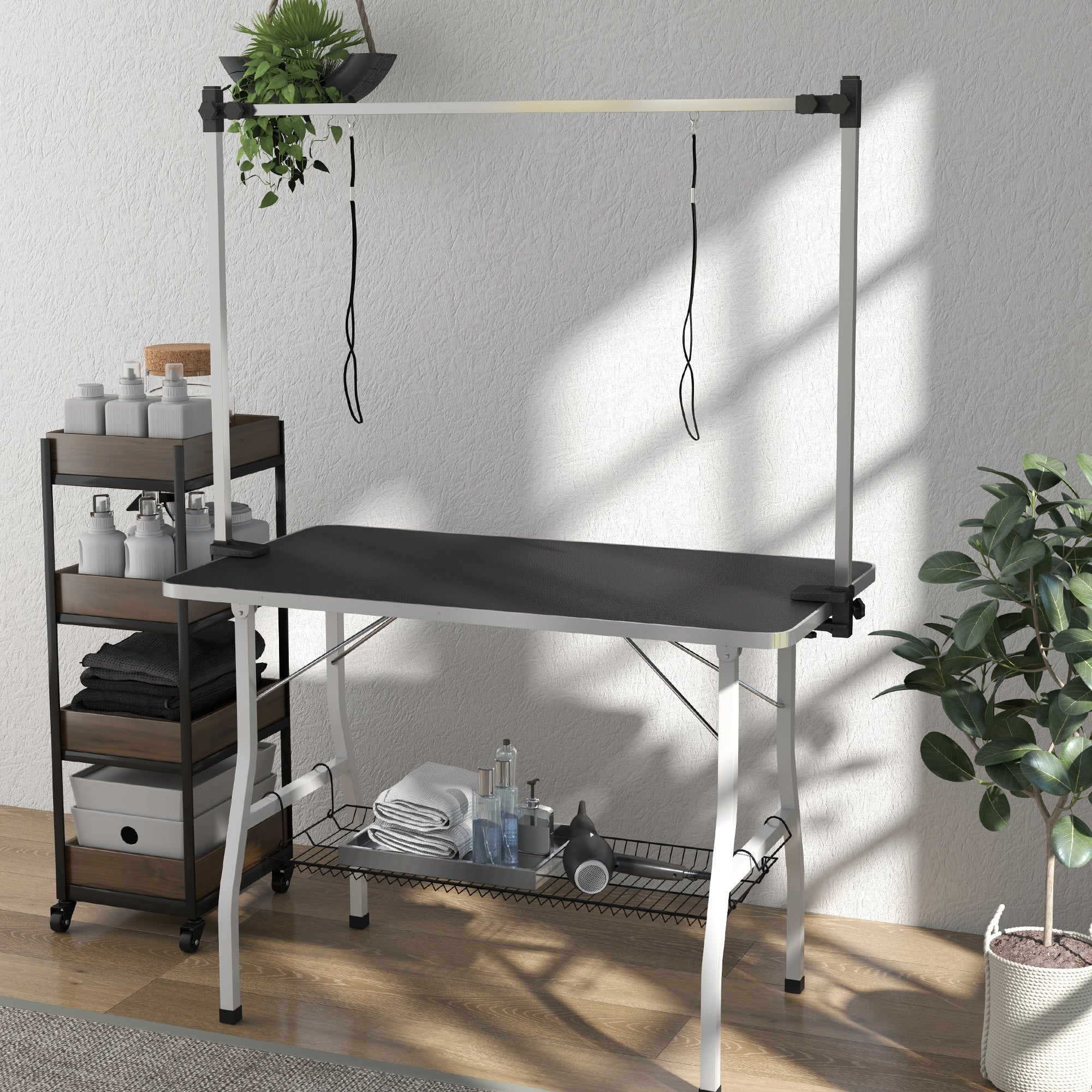 Foldable Dog Grooming Table with Adjustable Grooming Arms, Storage Shelf, Two Nooses, 42