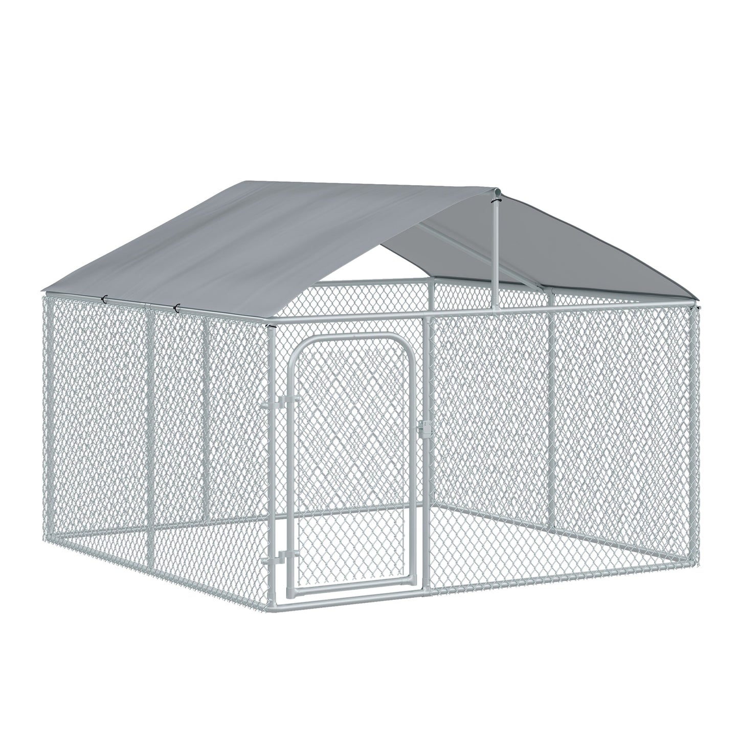 Dog Kennel Outdoor Run Fence with Roof, Steel Lock, Mesh Sidewalls for Backyard &; Patio, 7.5' x 7.5' x 5.7' Houses, Kennels & Pens Silver  at Gallery Canada