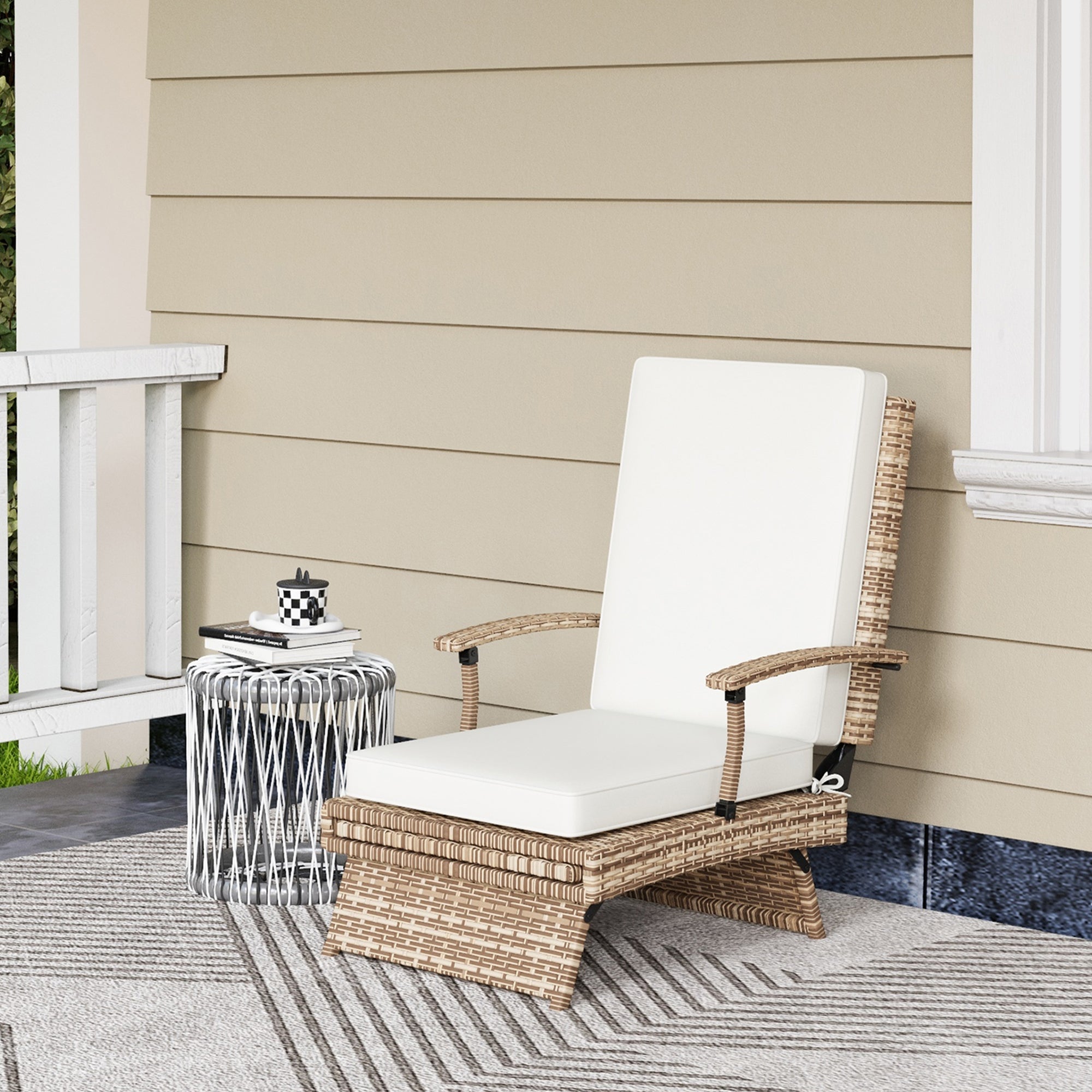 Outdoor Wicker Foldable Recliner Chair with Retractable Footrest, Cushion, White Chaise Loungers   at Gallery Canada