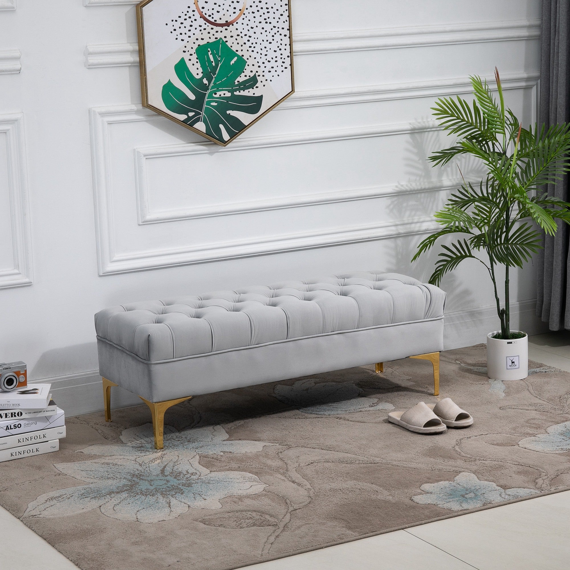 End of Bed Bench, Upholstered Bench, Entryway Shoe Bench with Button Tufted for Living Room, Bedroom, Grey Storage Ottomans & Benches at Gallery Canada