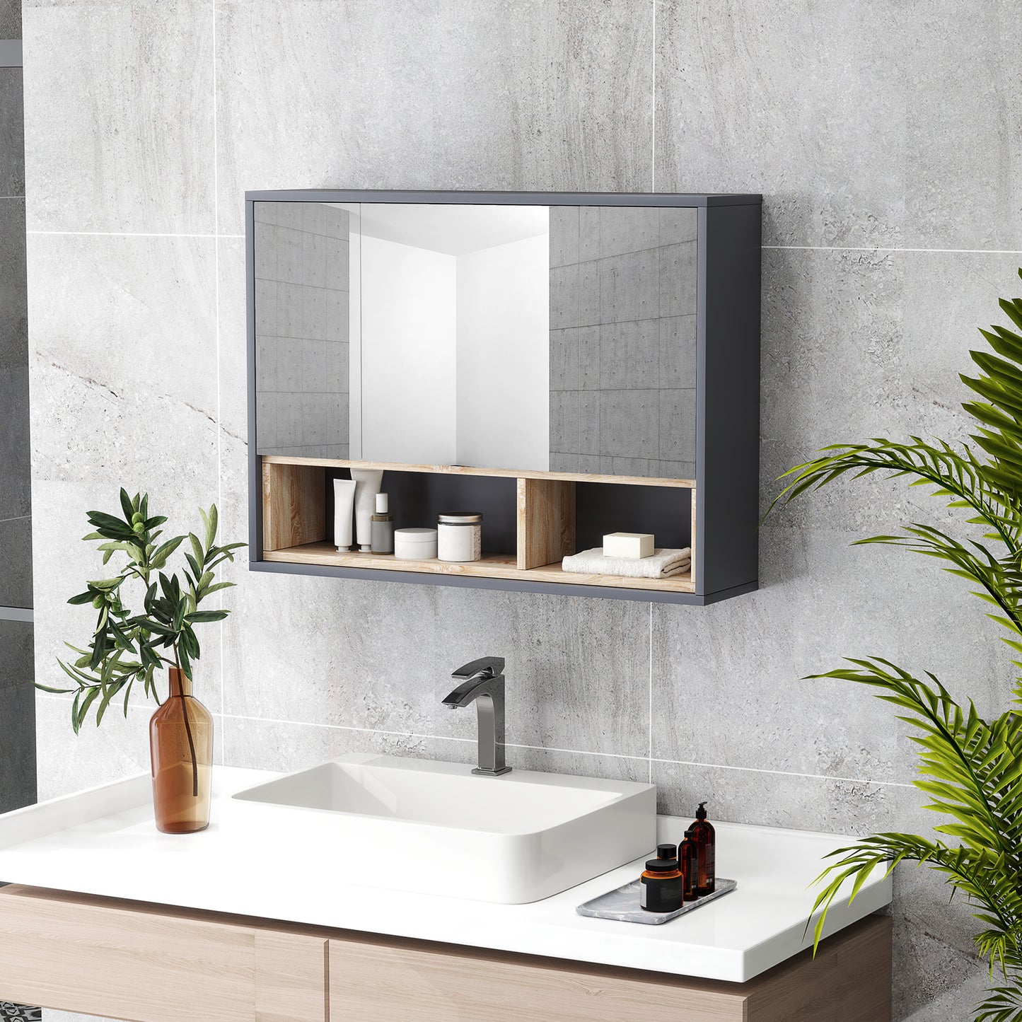 Wall Mounted Bathroom Medicine Cabinet with Mirror and Shelves, Grey