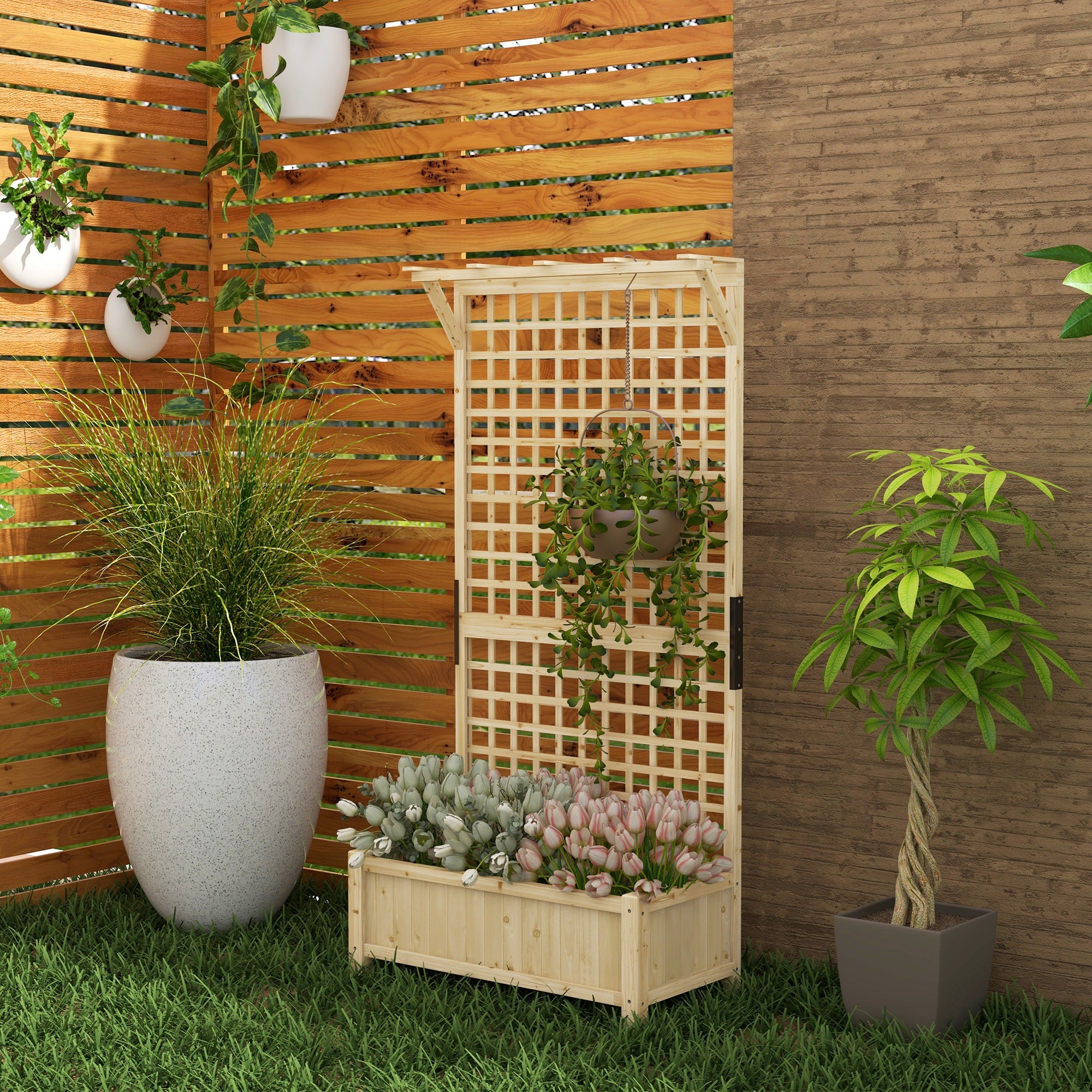 Wood Planter with Trellis for Vine Climbing, Raised Garden Bed, Privacy Screen for Backyard, Patio, Deck, Natural Wood Raised Garden Beds at Gallery Canada