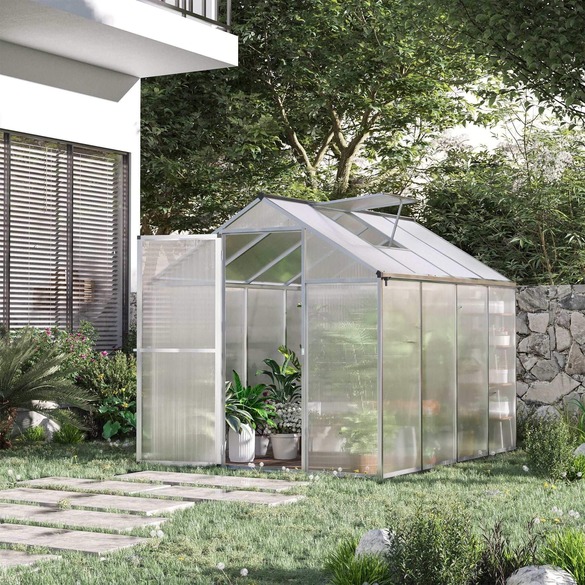 8' x 6' x 6.4' Walk-in Garden Greenhouse Polycarbonate Panels Plants Flower Growth Shed Cold Frame Outdoor Portable Warm House Aluminum Frame Walk In Greenhouses   at Gallery Canada