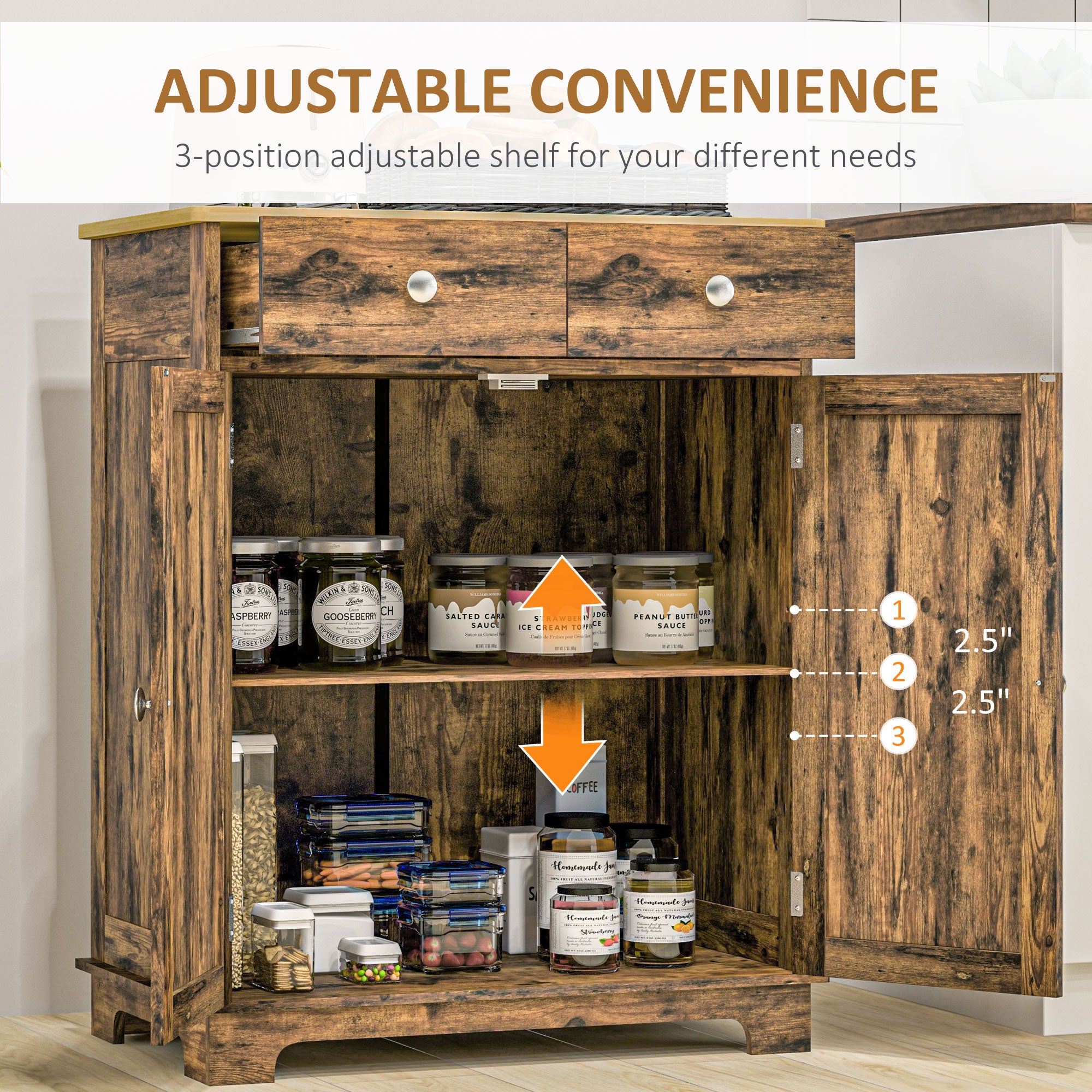 Kitchen Storage Cabinet with Adjustable Shelf, 2 Drawers and 2 Doors, Sideboard Buffet Cabinet, Rustic Brown Storage Cabinets   at Gallery Canada