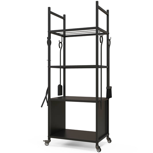 4-Tier Outdoor Indoor Firewood Rack with Wheels and 4 Tools, Powder-Coated Steel Wood Storage Rack Log Holder Firewood Racks   at Gallery Canada