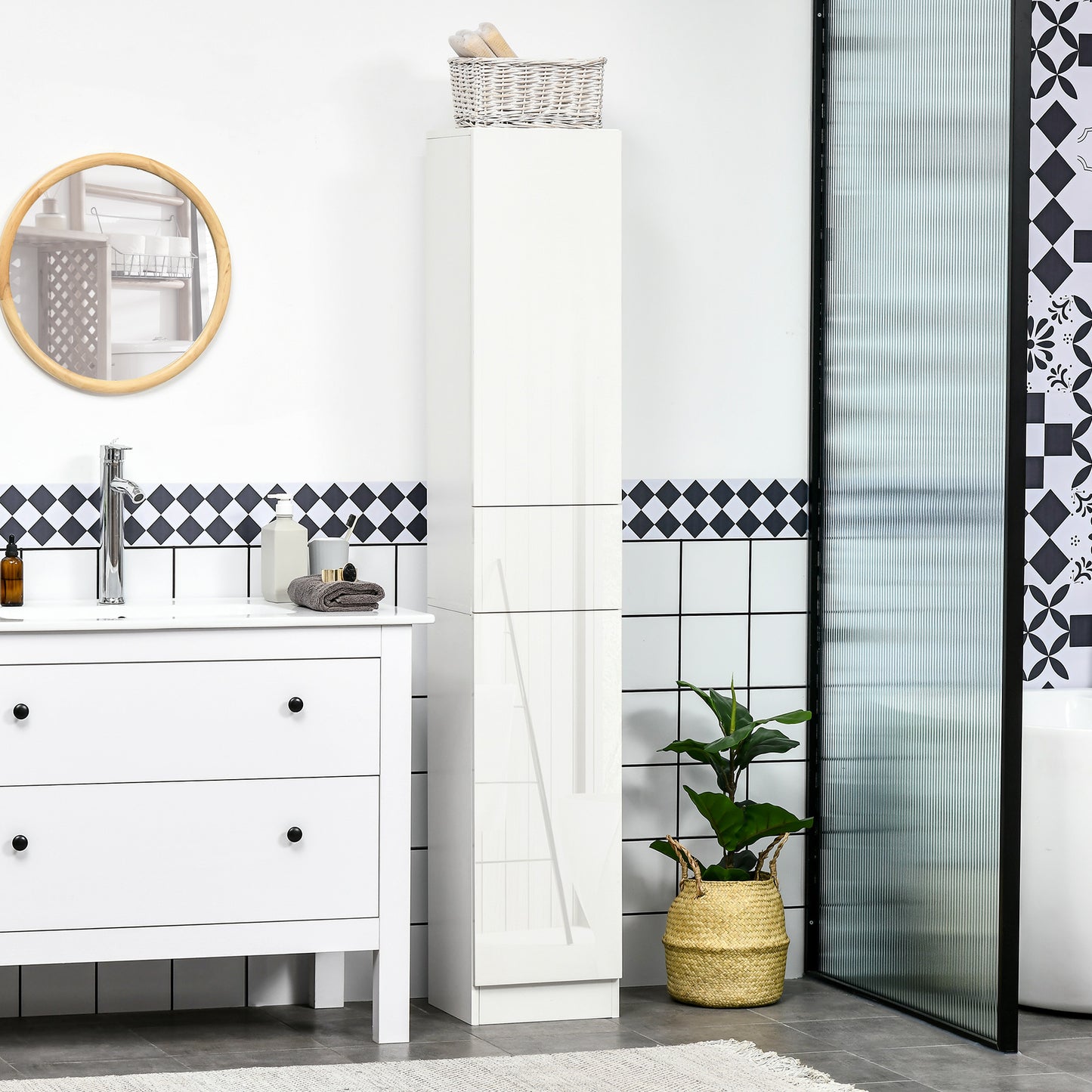 Tall Bathroom Cabinet, Narrow Bathroom Storage Cabinet with Doors, Drawer and Adjustable Shelves, High Gloss White Bathroom Cabinets   at Gallery Canada