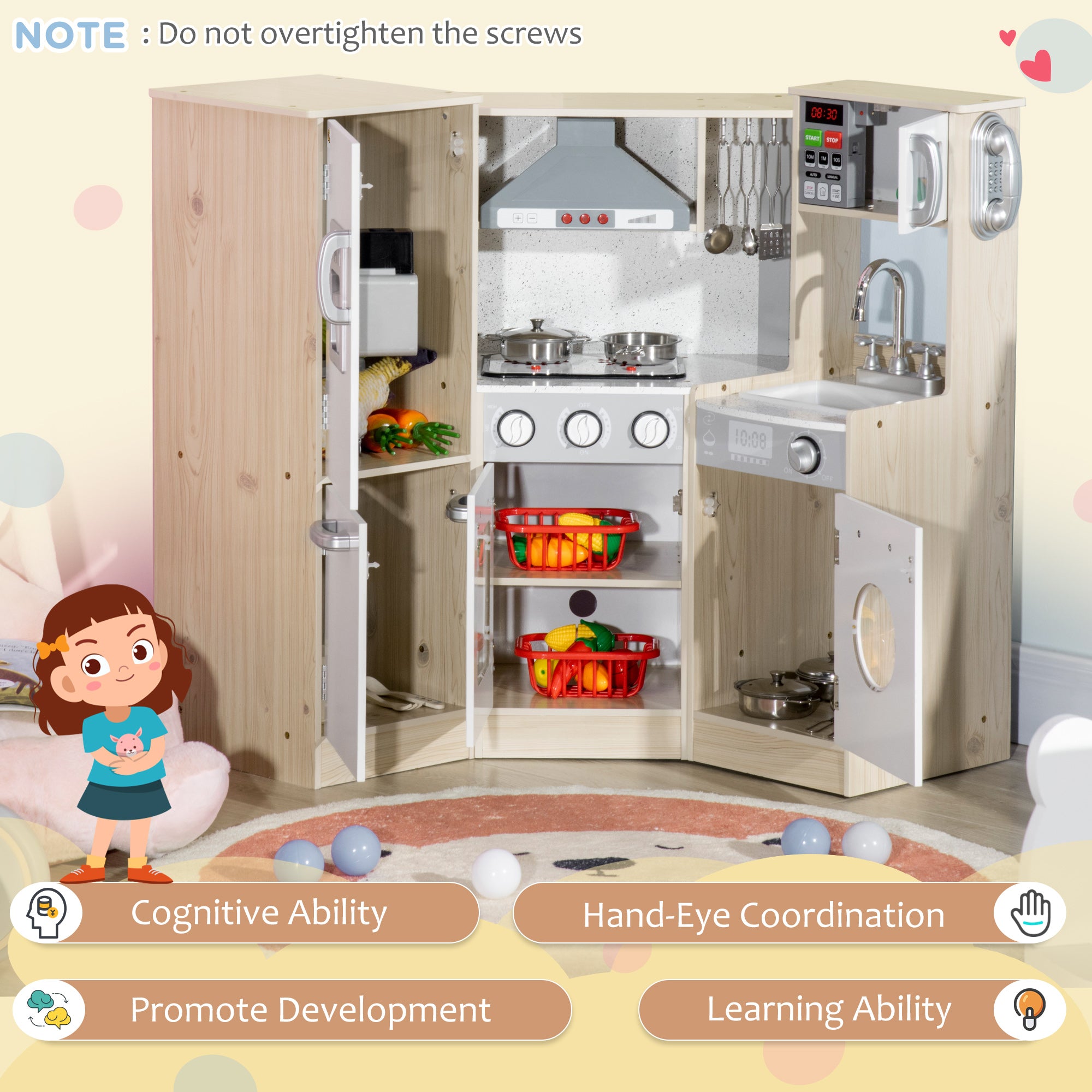 Wooden Play Kitchen with Lights Sounds, Corner Kids Kitchen Playset with Play Phone, Ice Maker, Microwave, Range Hood, Refrigerator, Utensils, Gift for Ages 3-6 Years Old, White Play Kitchen at Gallery Canada