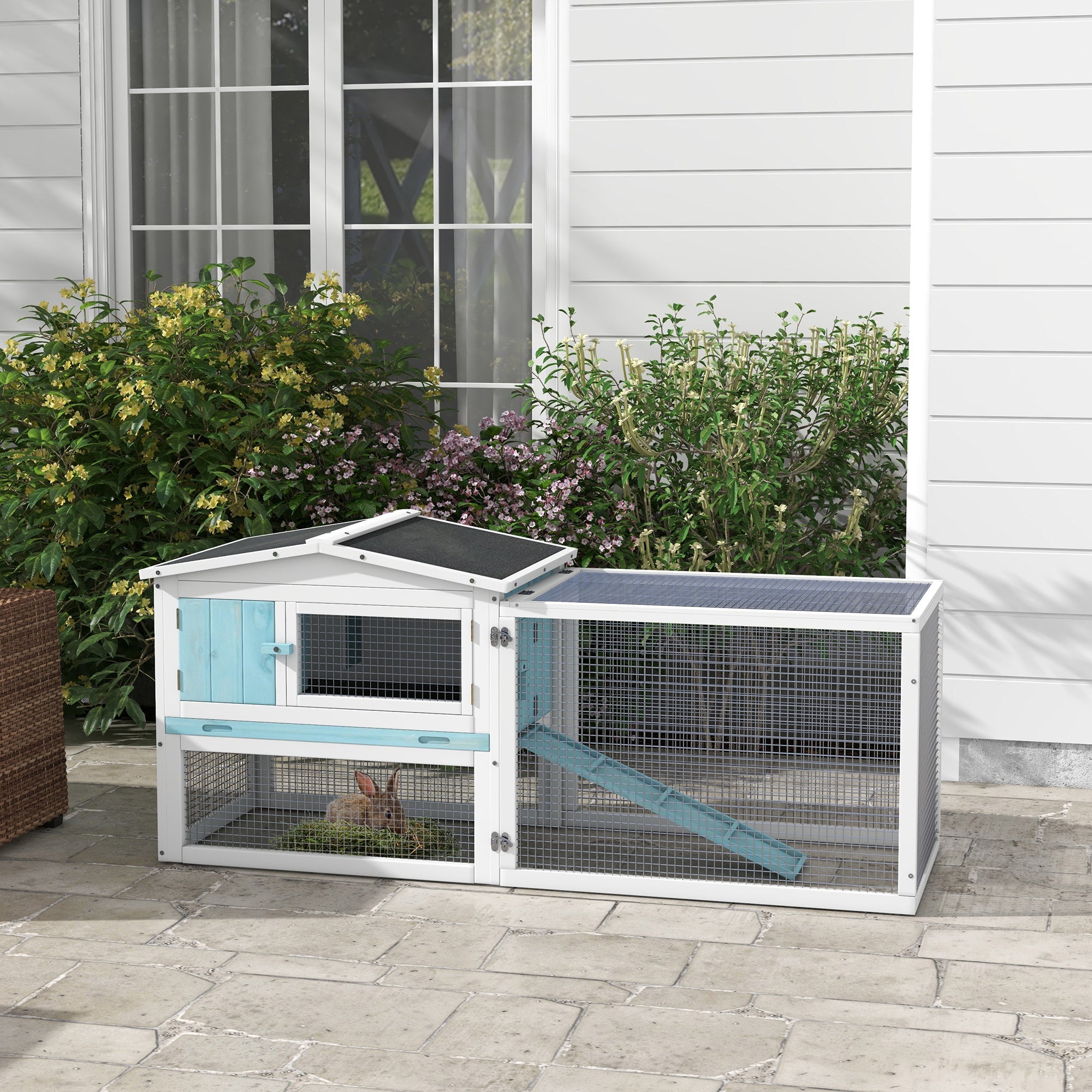 Wooden Rabbit Hutch Guinea Pig House with Removable Tray, Openable Roof, Trough, Run for Tortoises and Ferrets, Blue Rabbit Hutch   at Gallery Canada