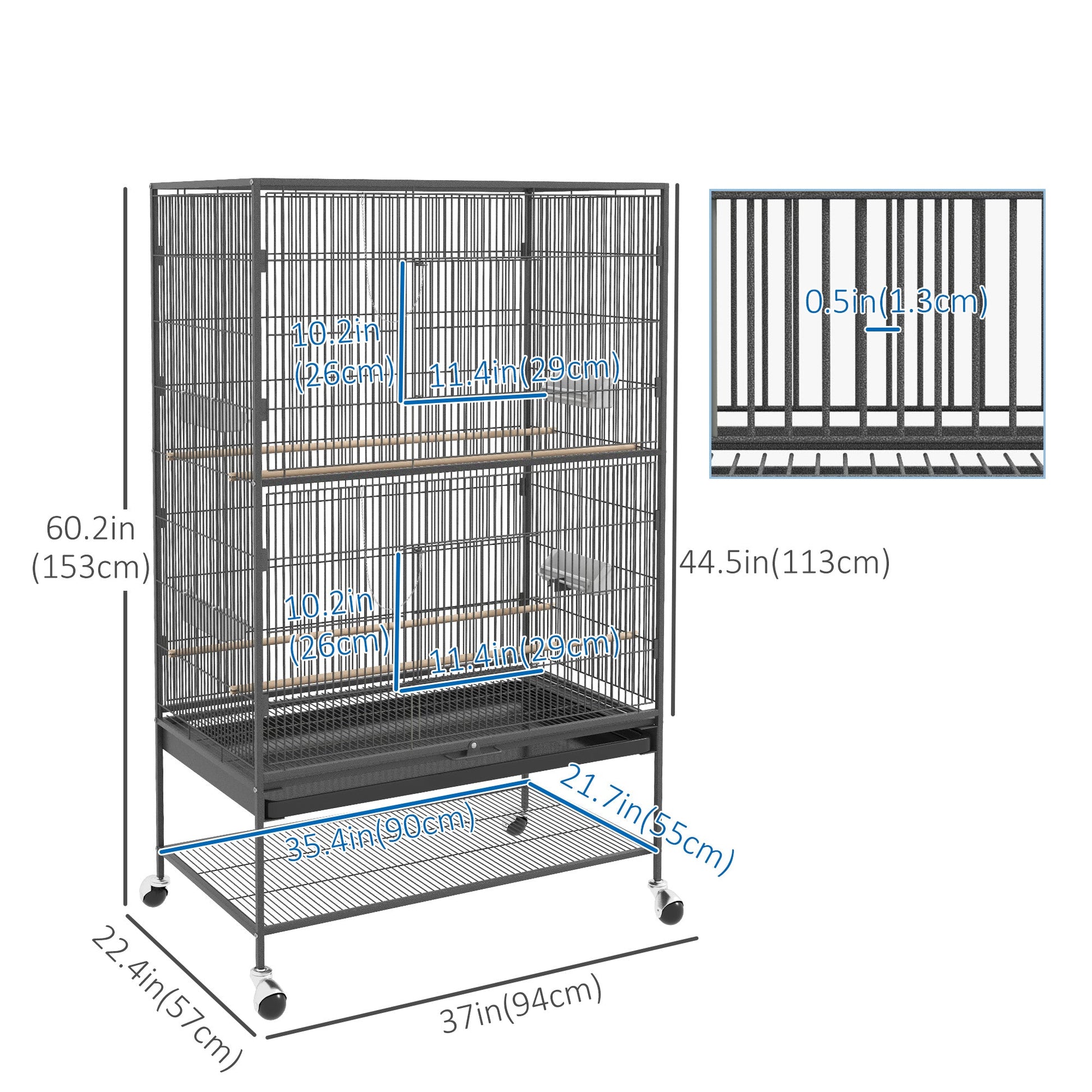 60" Bird Cage with Stand for Cockatiels Canaries Lovebirds Finches, Budgie Cage with Wheels, Removable Tray, Storage Shelf Bird Cages   at Gallery Canada