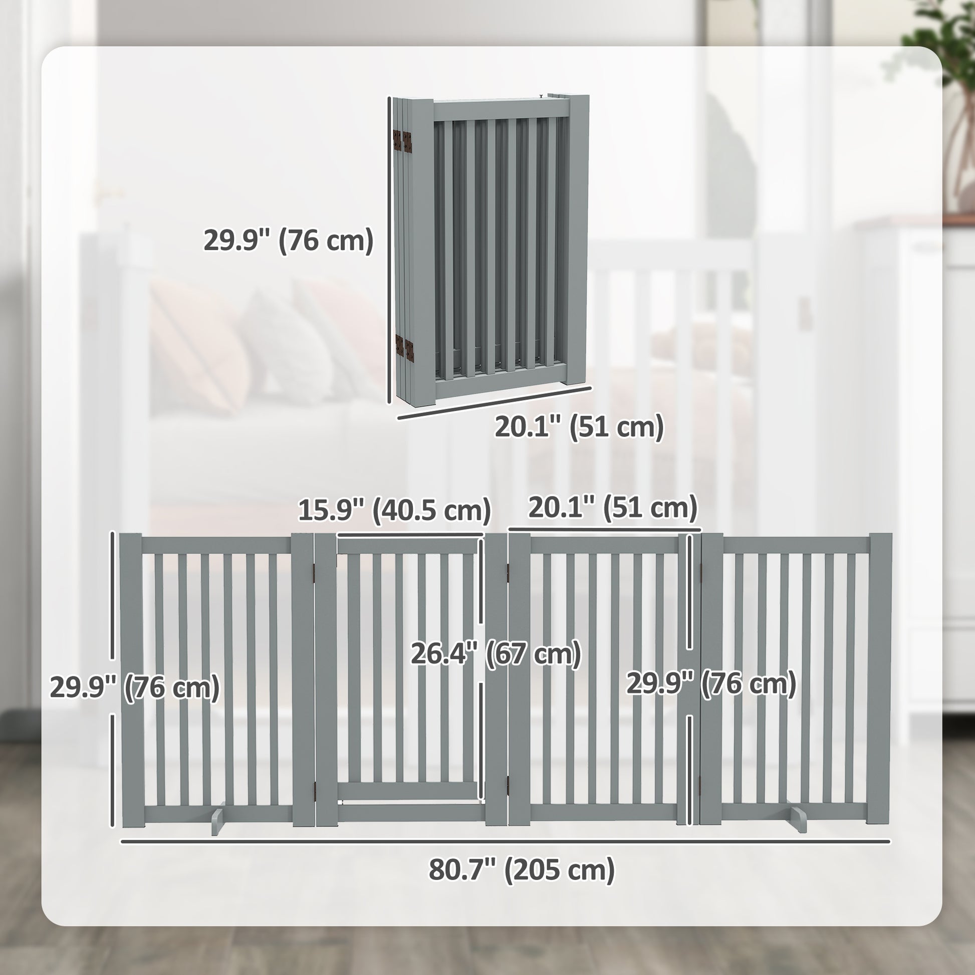 4 Panel Free Standing Wooden Pet Gate with Open Door Light Grey Houses, Kennels & Pens   at Gallery Canada