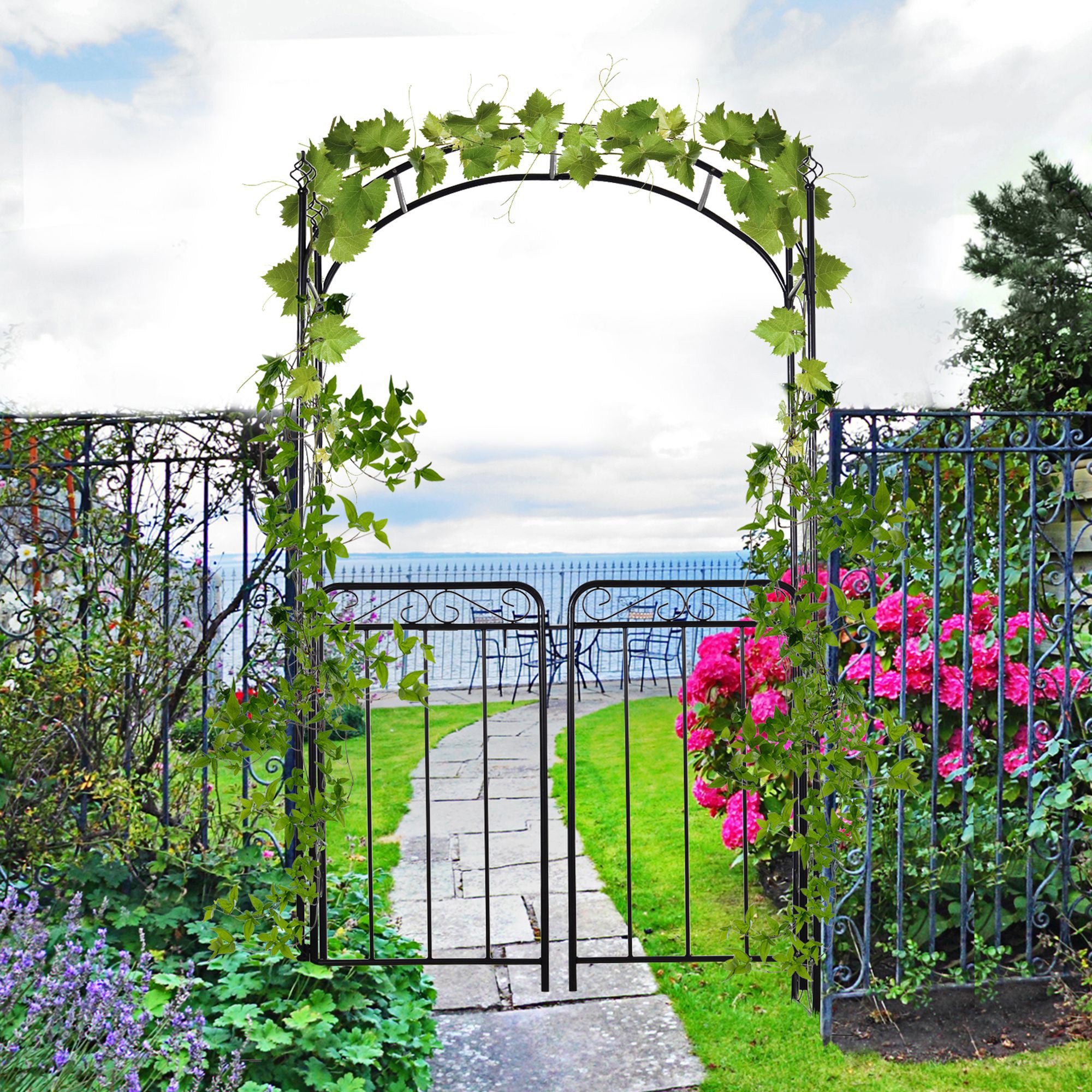 7' Metal Garden Arbor Arch with Scrollwork Doors for Ceremony, Weddings, Party, Backyard, Lawn Garden Arches at Gallery Canada