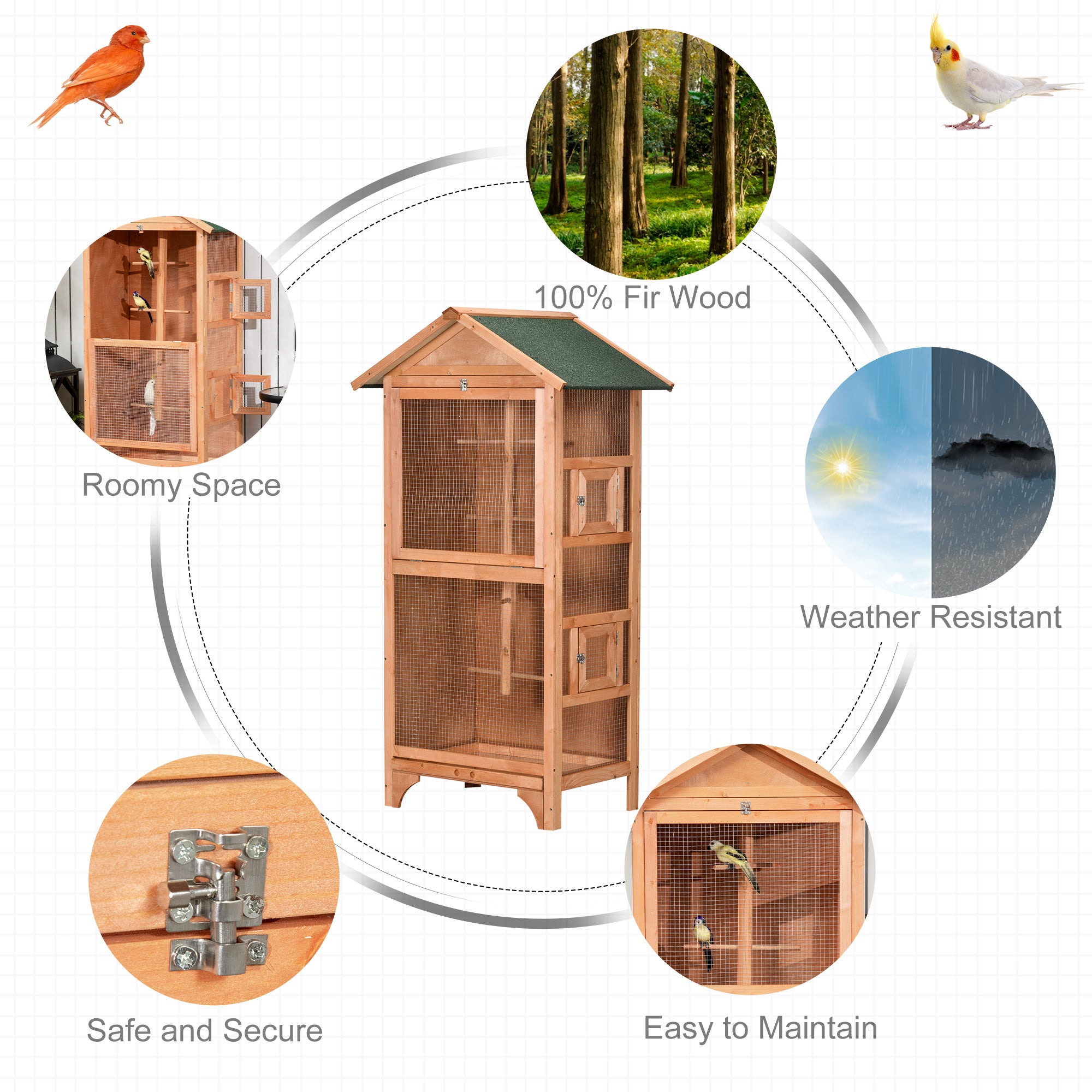 Wooden Bird Aviary Parrot Cage Pet Furniture with Removable Bottom Tray, 2 Doors, Asphalt Roof, 4 Perches, Orange Bird Cages   at Gallery Canada