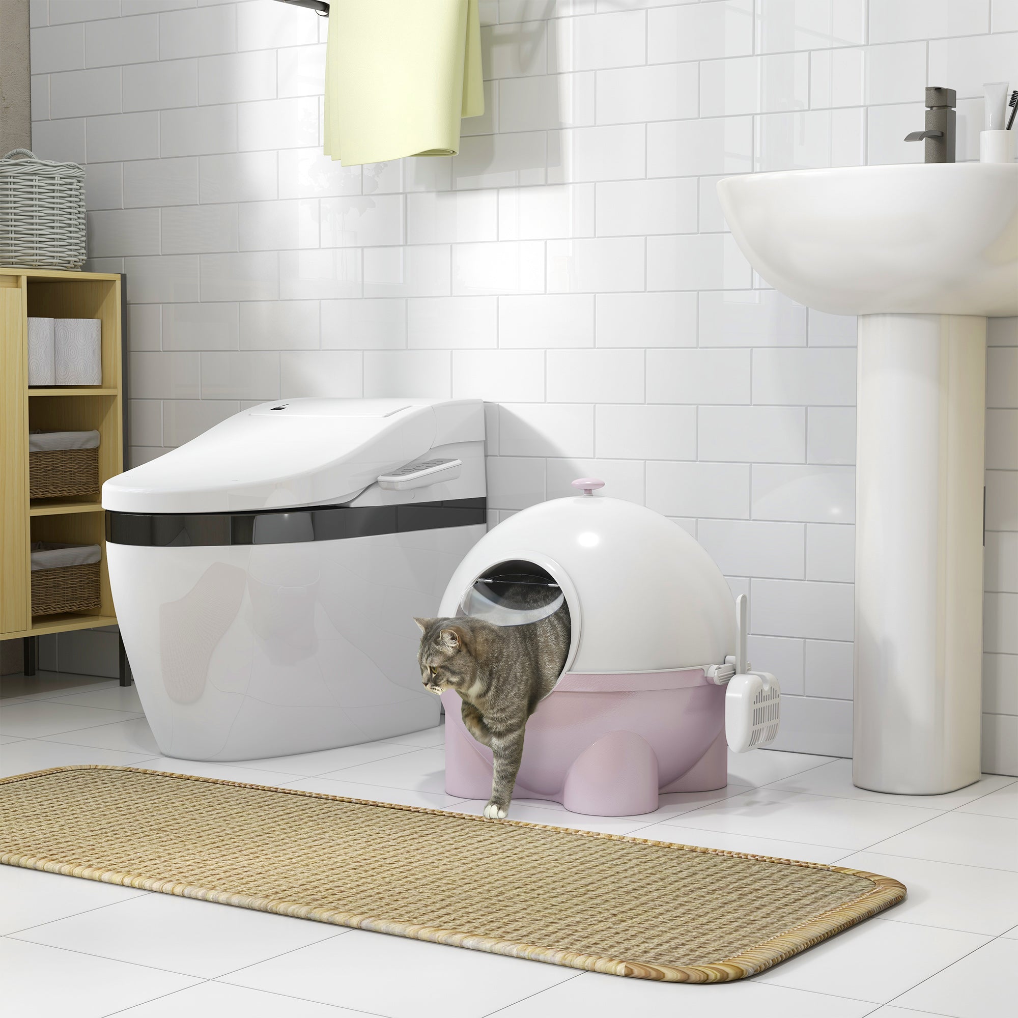 Enclosed Cat Litter Box, Large Kitty Litter Box with Lid, Scoop, Leaking Sand Pedal, Top Handle, Pink Cat Litter Box Enclosures at Gallery Canada