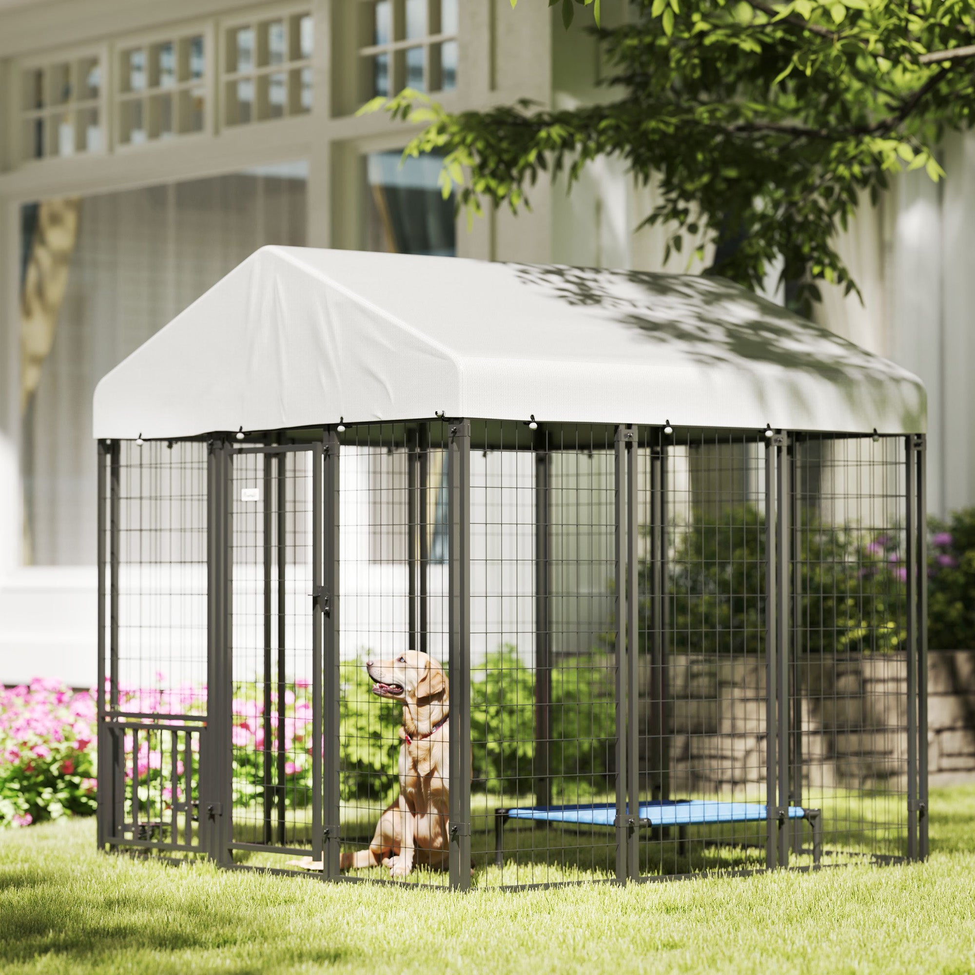 Outdoor Dog Kennel with Waterproof UV-Resistant Cover, Rotating &; 4-Level Adjustable Feeding Bowls, 5.9 x 5.9 x 6 ft Houses, Kennels & Pens at Gallery Canada