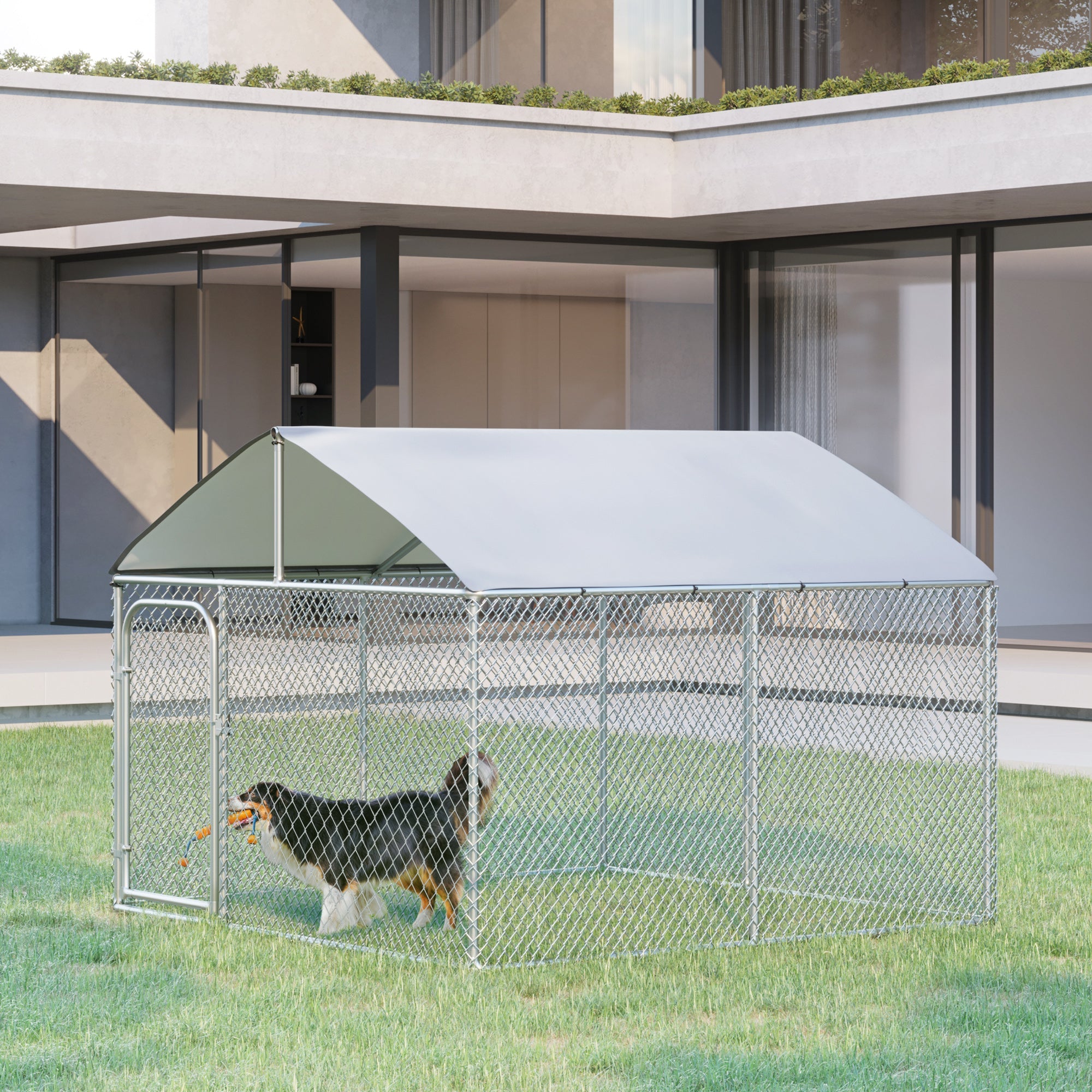 Dog Kennel Outdoor Run Fence with Roof, Steel Lock, Mesh Sidewalls for Backyard &; Patio, 9.8' x 9.8' x 7.7' Houses, Kennels & Pens   at Gallery Canada