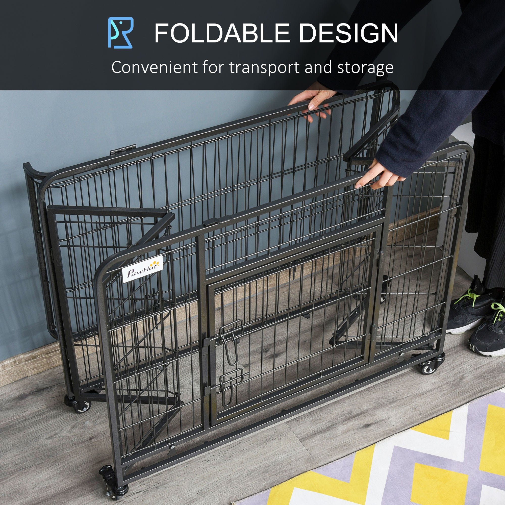 Folding Heavy Duty Dog Crate Heavy Duty Cage for Medium Sized Dogs with Double Doors, Lockable Wheels Tray, 37