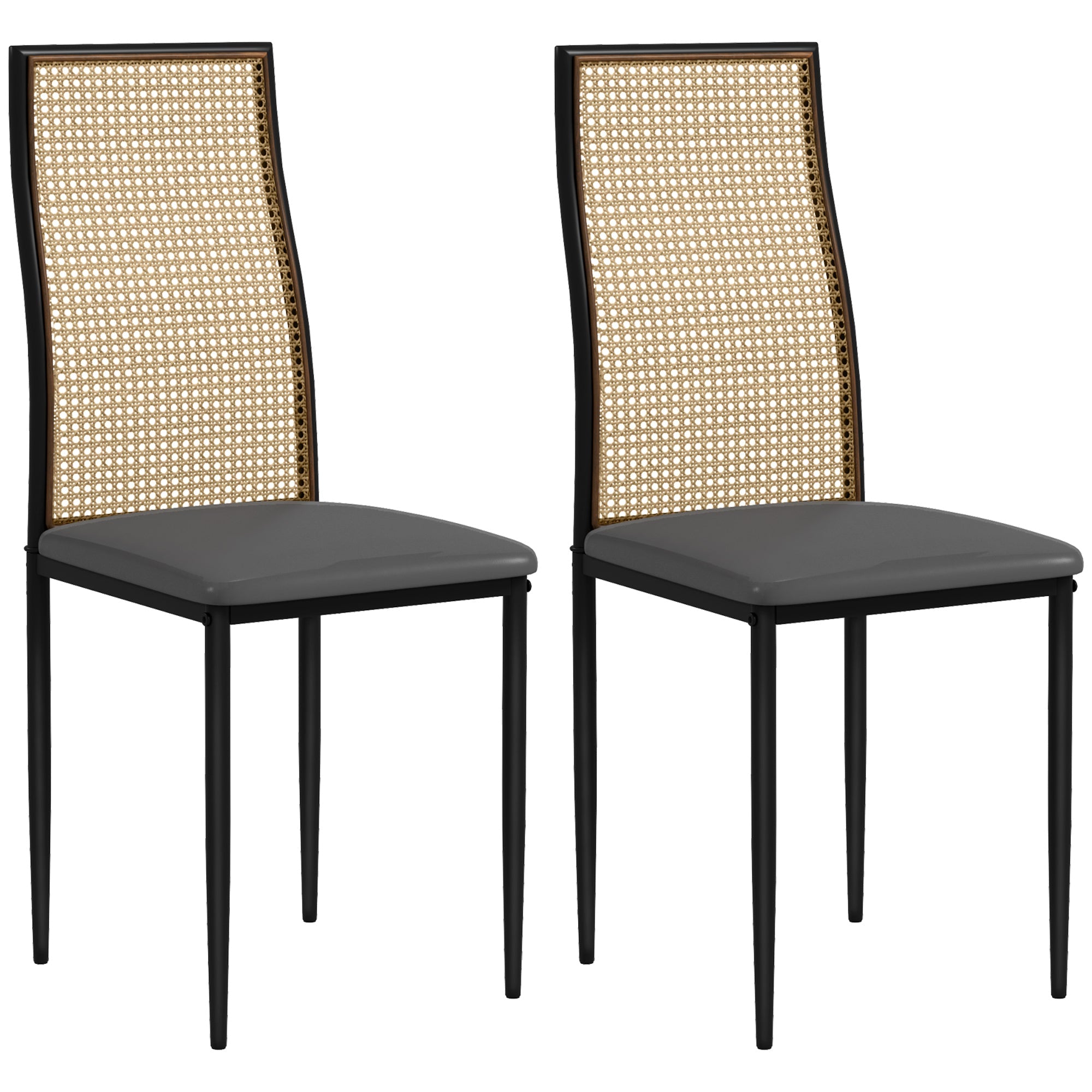 Dining Chairs Set of 2, Boho Kitchen Chairs with Rattan Back, PU Leather Upholstered Seat and Steel Legs for Dining Room, Bedroom, Grey Bar Stools Multi Colour  at Gallery Canada