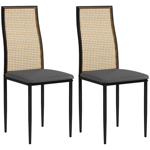 Dining Chairs Set of 2, Boho Kitchen Chairs with Rattan Back, PU Leather Upholstered Seat and Steel Legs for Dining Room, Bedroom, Grey