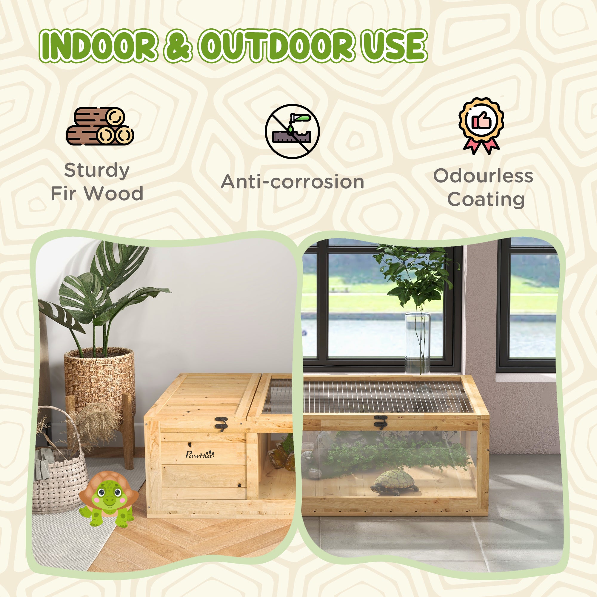 Wood Tortoise House for Lizards, Geckos, Indoor Outdoor Use, 35.8