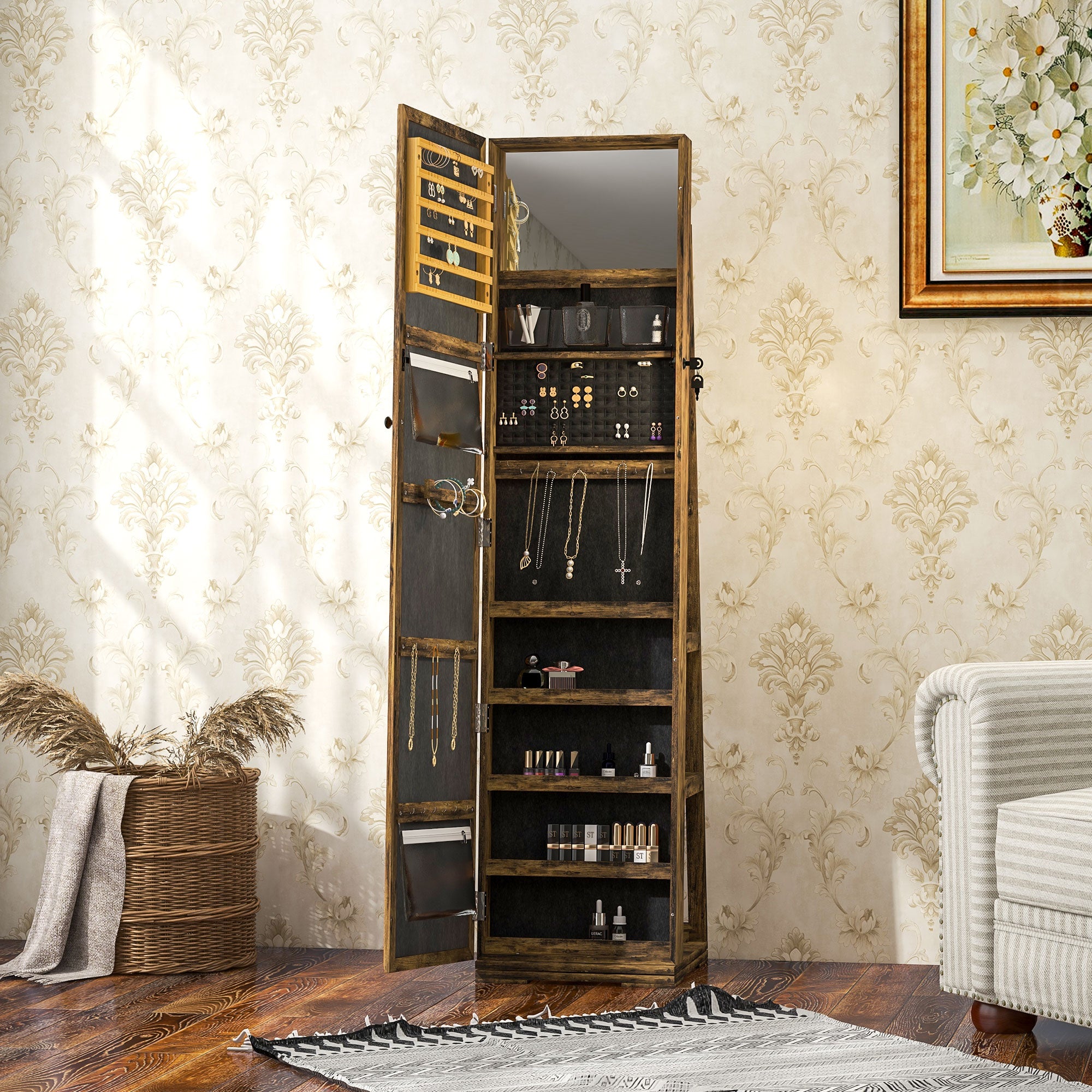 360° Swivel Jewelry Armoire, Lockable Mirror Jewelry Cabinet with Built-In Small Mirror, Rustic Brown Jewelry Armoire & Jewellery Mirror Cabinets   at Gallery Canada