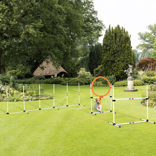 3 Piece Dog Agility Training Equipment for Indoor &; Outdoor, Dog Agility Equipment Set with High Jump, Jumping Ring, Weave Poles, Storage Bag, Withe, Blue and Orange