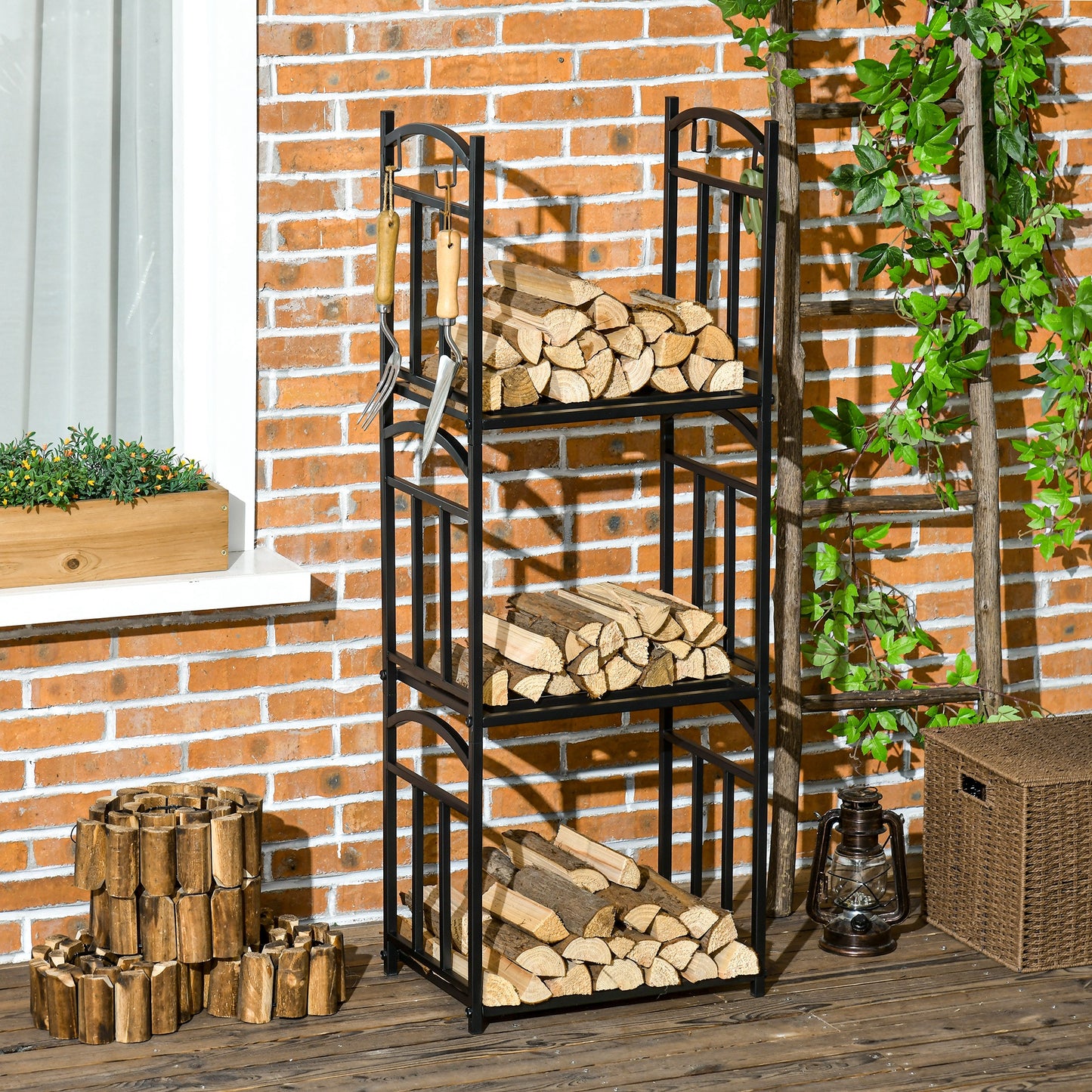 3-Tier Firewood Rack Heavy Duty Wood Storage Log Stacking Shelf with Hanging Hooks, Outdoor Indoor Use, Black Firewood Racks   at Gallery Canada