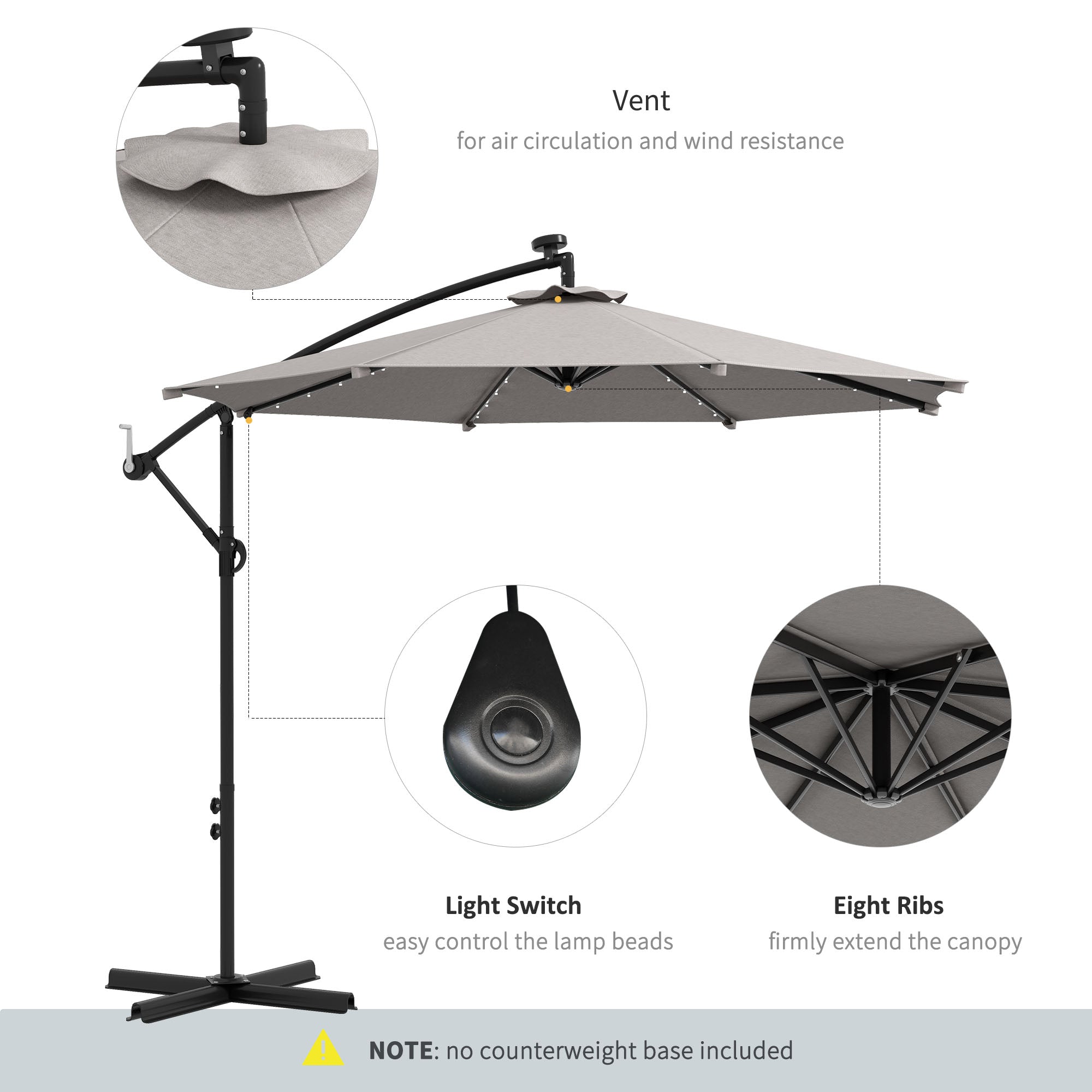 10ft Outdoor Cantilever Umbrella Banana Umbrella with Solar Lights and Adjustable Angle for Patio Backyard Light Grey Cantilever Umbrellas at Gallery Canada