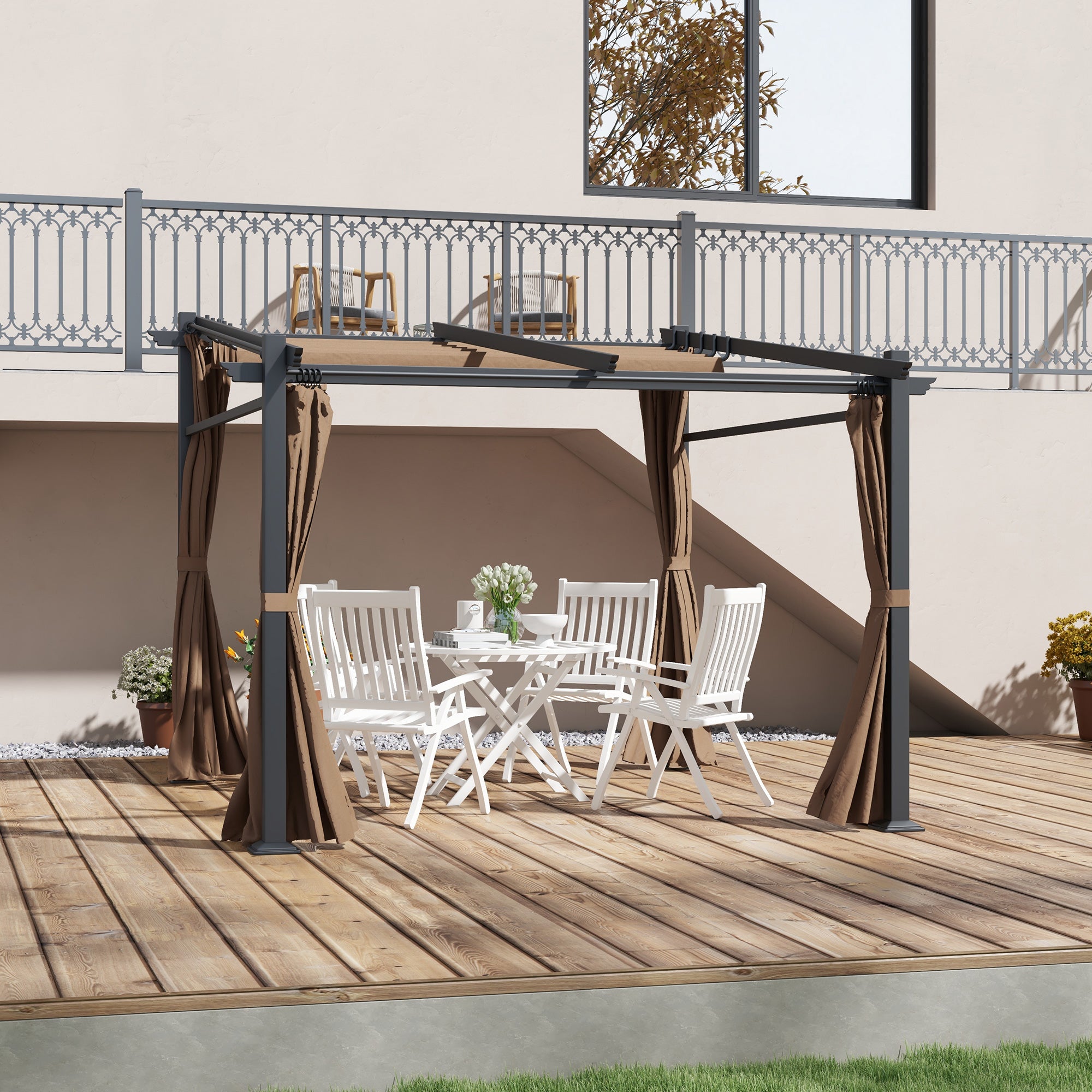 Metal Pergola with Sliding Roof Canopy, Retractable Pergola Canopy, 10' x 10', Coffee Pergolas at Gallery Canada