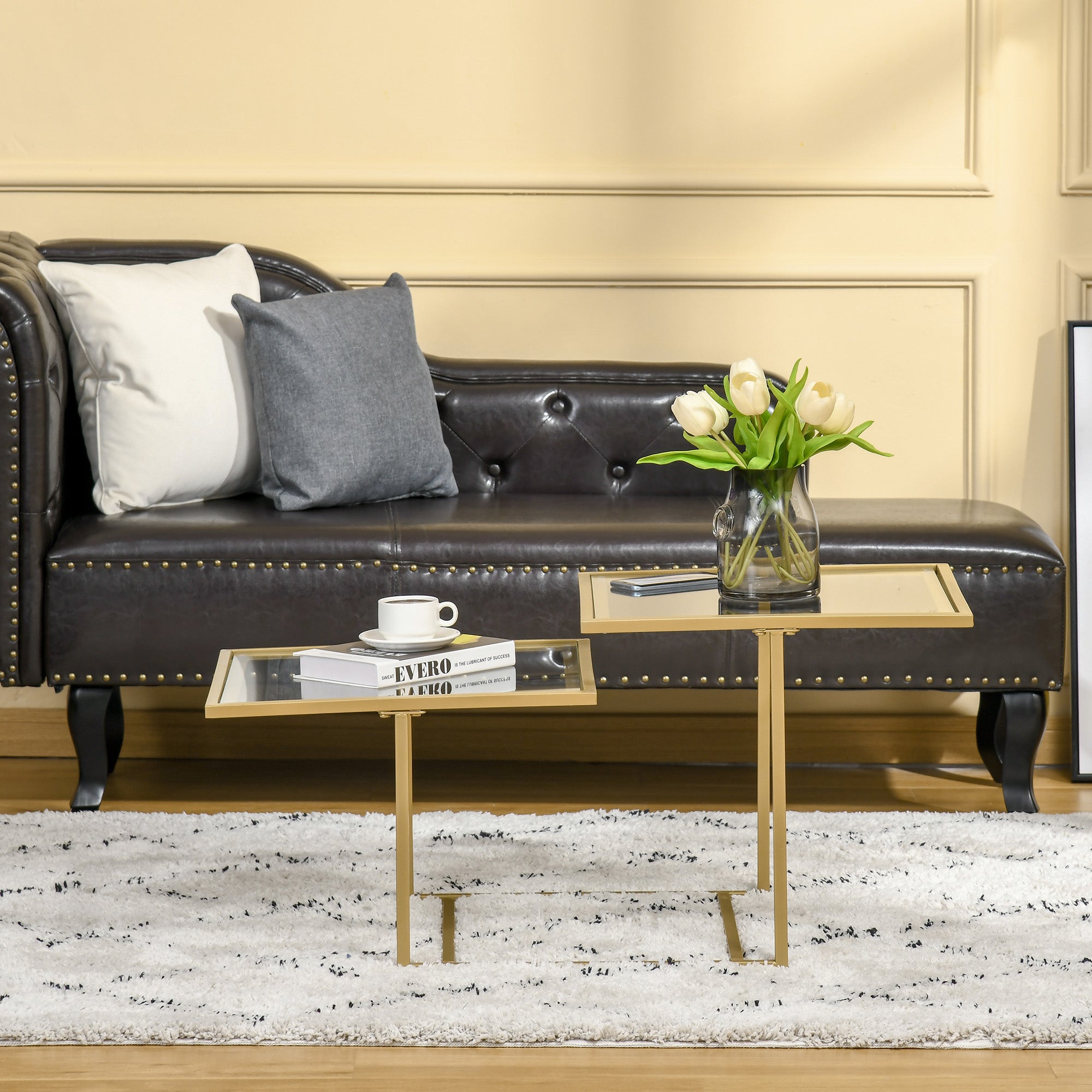 Contemporary Coffee Tables with Double Tempered Glass Tabletops, Golden Side Table with Metal Base Adjustable Foot for Living Room, Bedroom Coffee Tables   at Gallery Canada