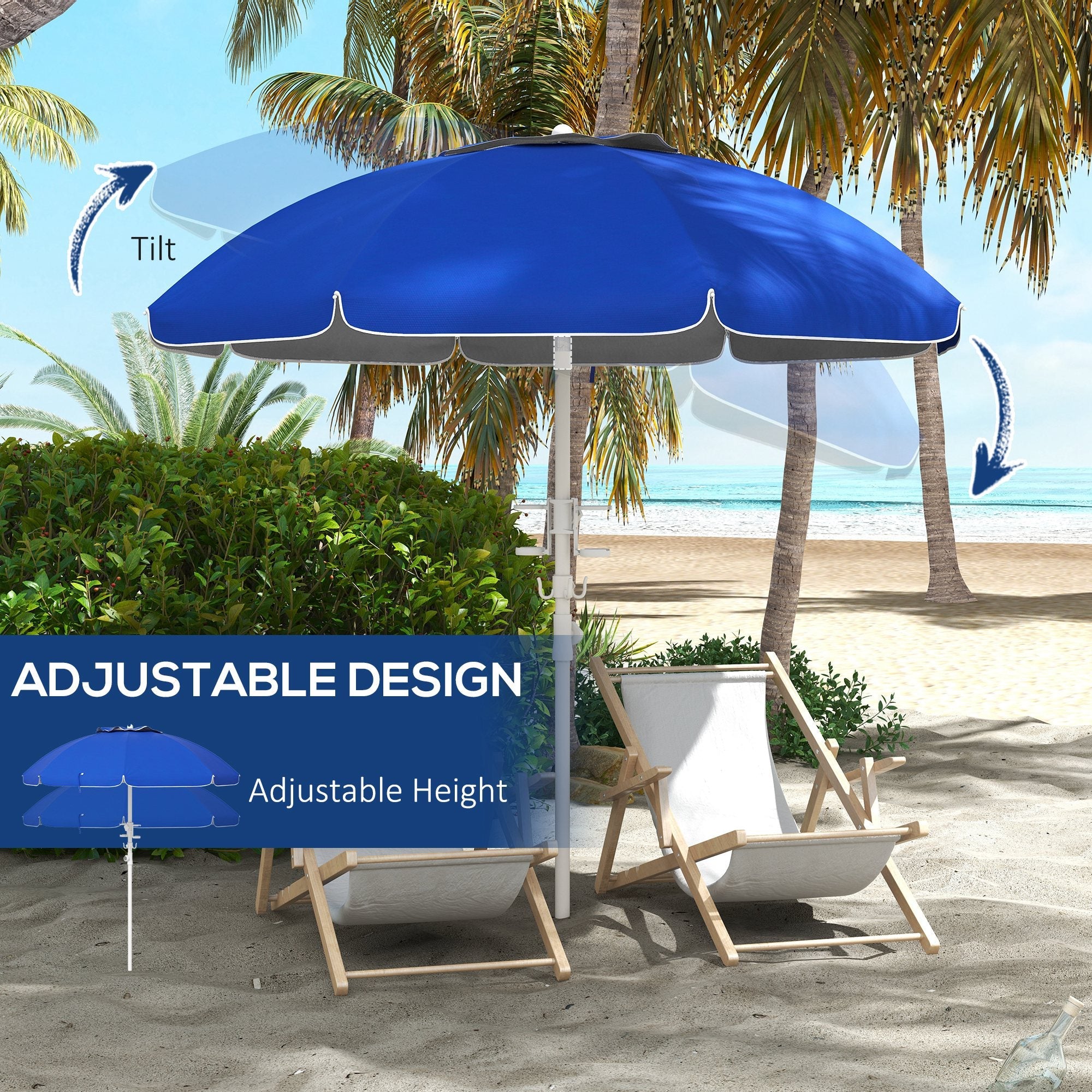 5.7' Beach Umbrella for Travel with Tilt, Adjustable Height, 2 Cup Holders, Hook, Vent, Ruffles, Sapphire Blue Beach Umbrellas   at Gallery Canada