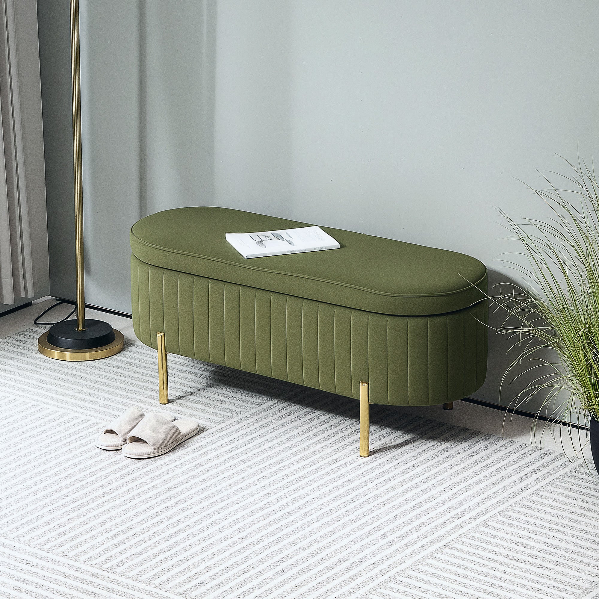 Upholstered Bedroom Bench, Channel Tufted Ottoman Bench with Thick Padding and Metal Legs, Dark Green Storage Ottomans & Benches Dark Green at Gallery Canada