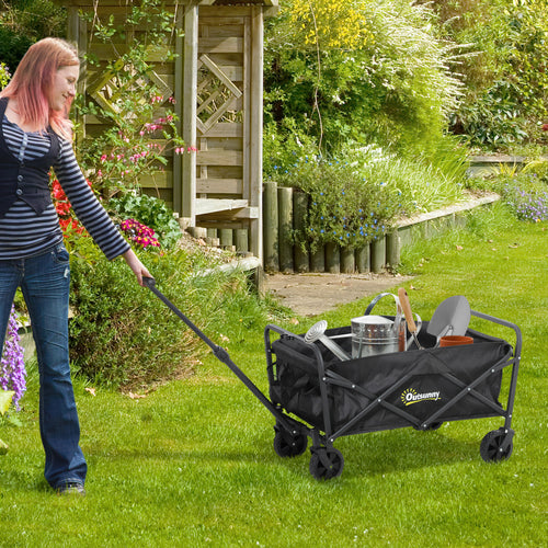 Collapsible Folding Garden Cart, Heavy Duty Lawn Wagon with Universal Wheels and Adjustable Handle, Black