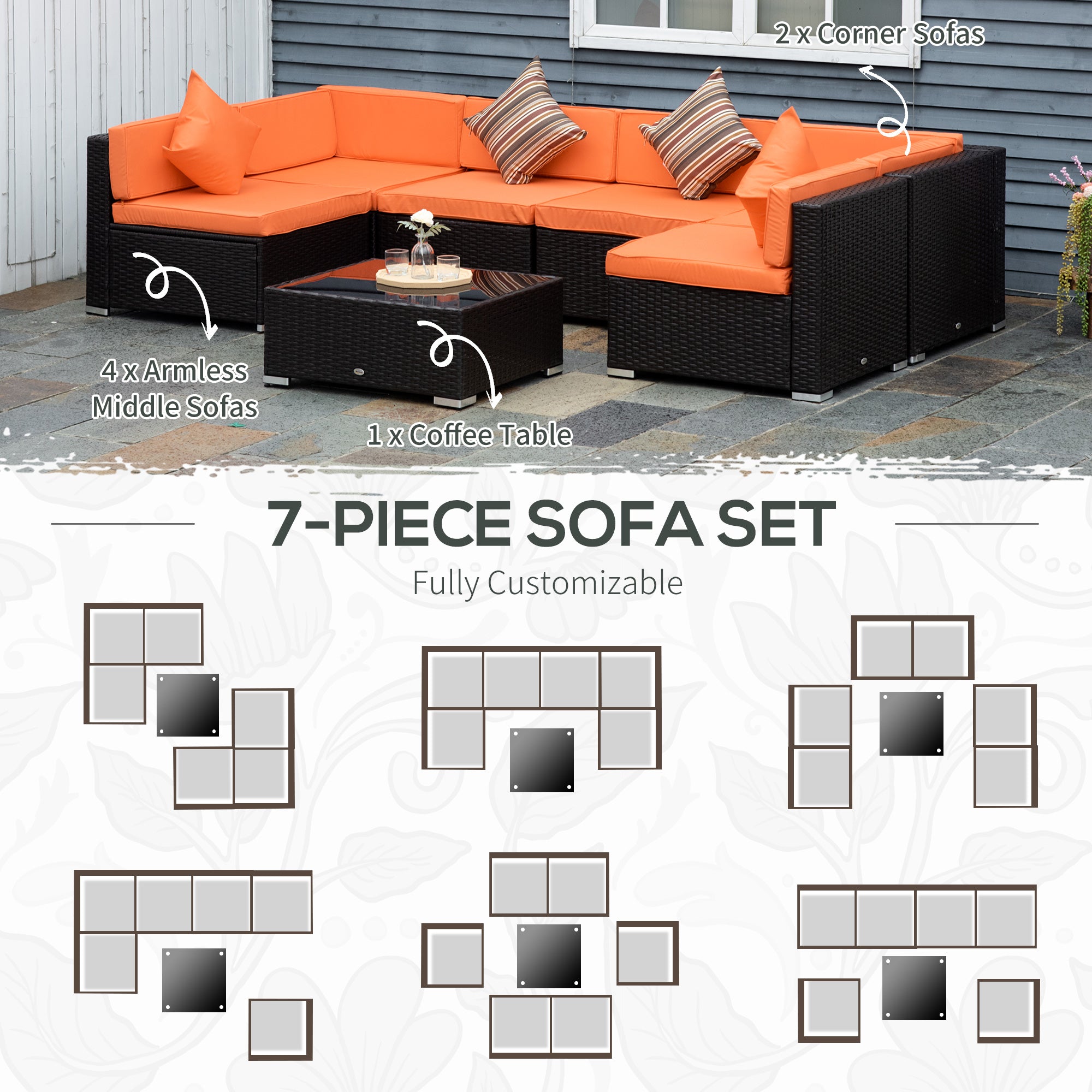 7pcs Garden Wicker Sectional Set w/ Tea Table Patio Rattan Lounge Sofa with Cushion for Outdoor Deck Orange Patio Furniture Sets at Gallery Canada