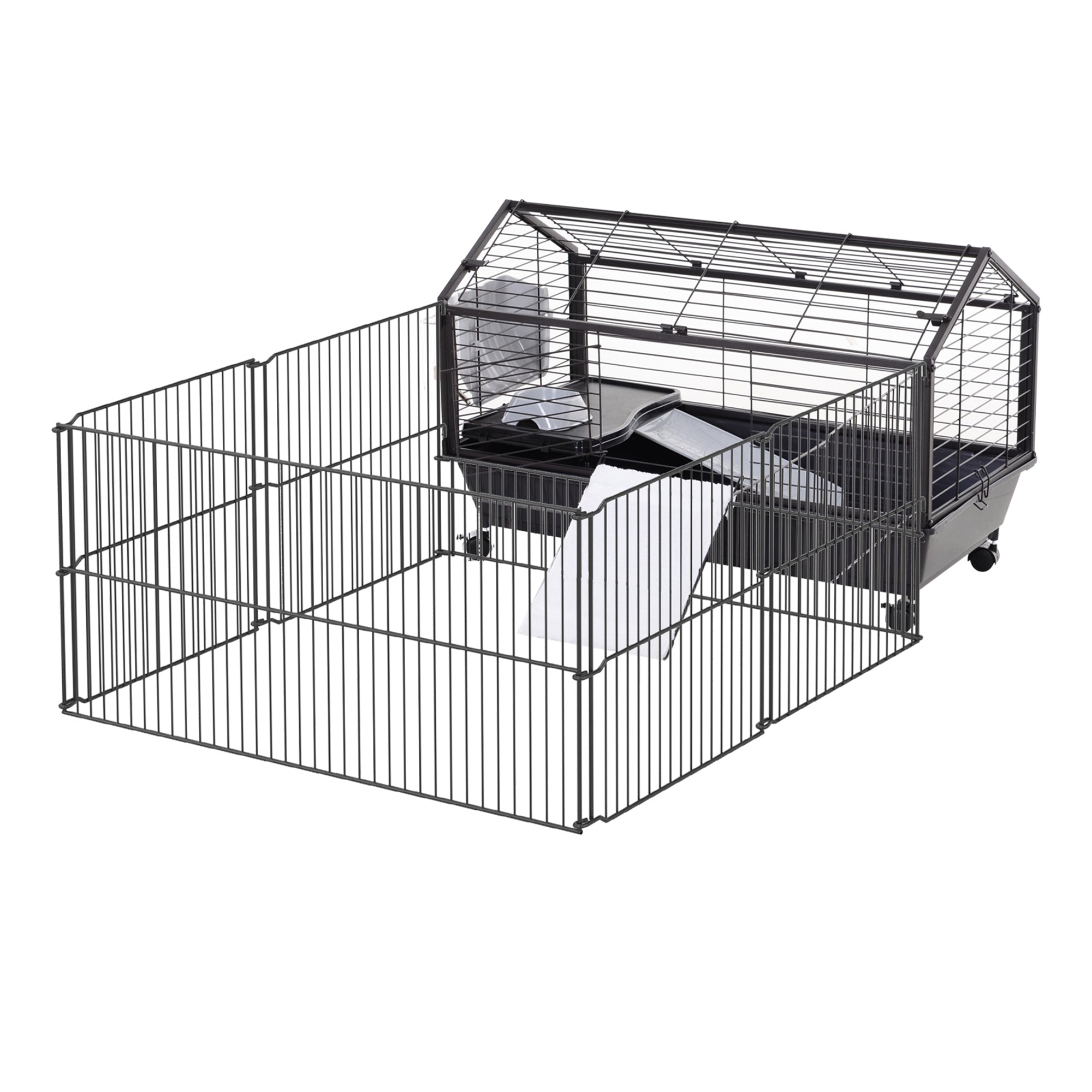 Metal Small Animal Cage, Rabbit Cage for Guinea Pig Chinchilla Hedgehog Bunny with Removable Wheels and Foldable Detachable Run Fence, 34.6