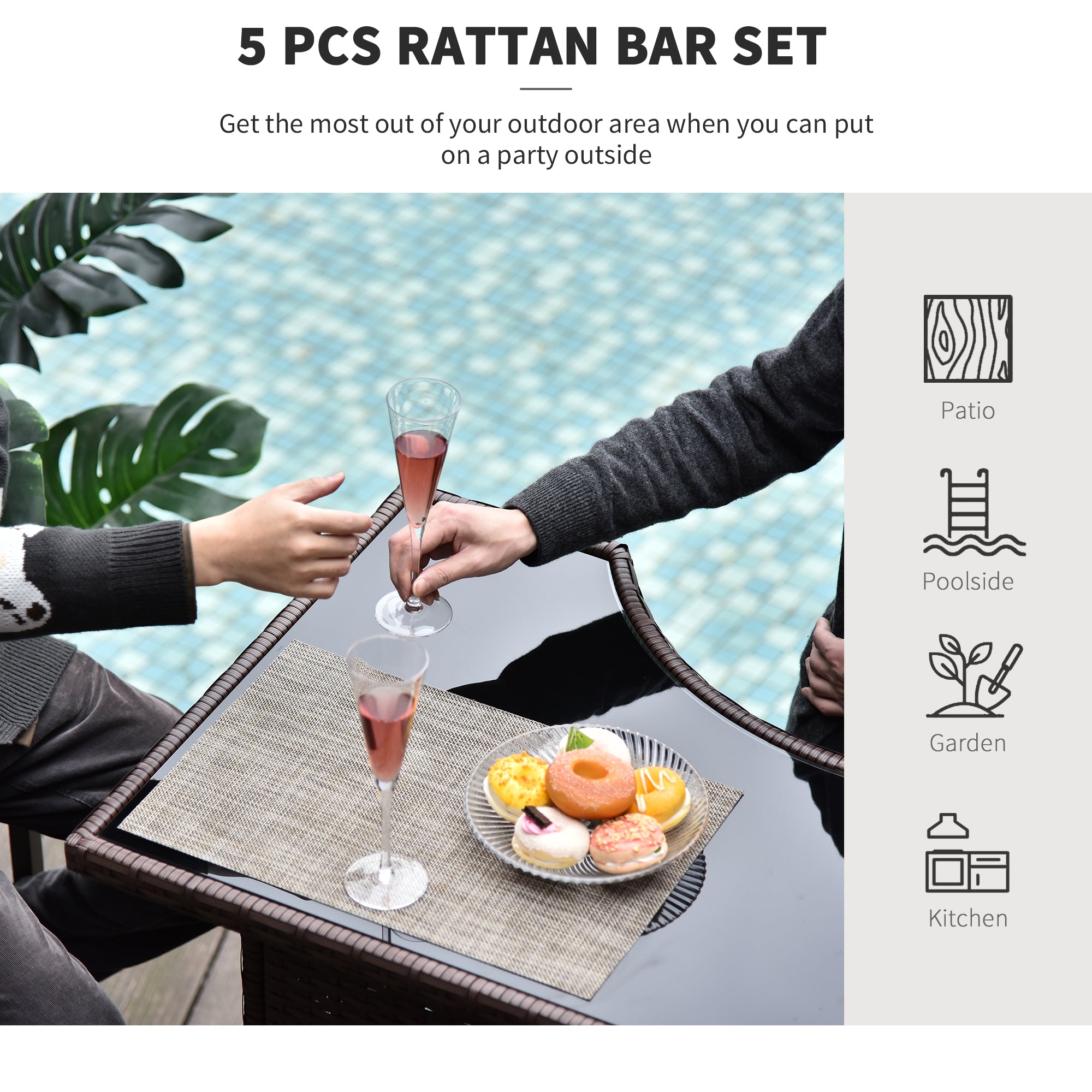 5 Pieces Patio Bar Set, Outdoor PE Rattan Wicker High Top Outdoor Table and Chairs Outdoor Bar Set with Tempered Glass Top Bar Table and Shelves, 4 Bar Chairs, Dark Brown Bistro Sets at Gallery Canada