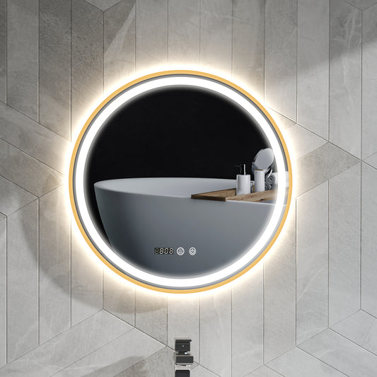 24" Round Bathroom Mirror with LED Lights, Wall Mounted Vanity Mirror with Anti-Fog Pad, Time and Temp Display, Gold Wall Mirrors at Gallery Canada