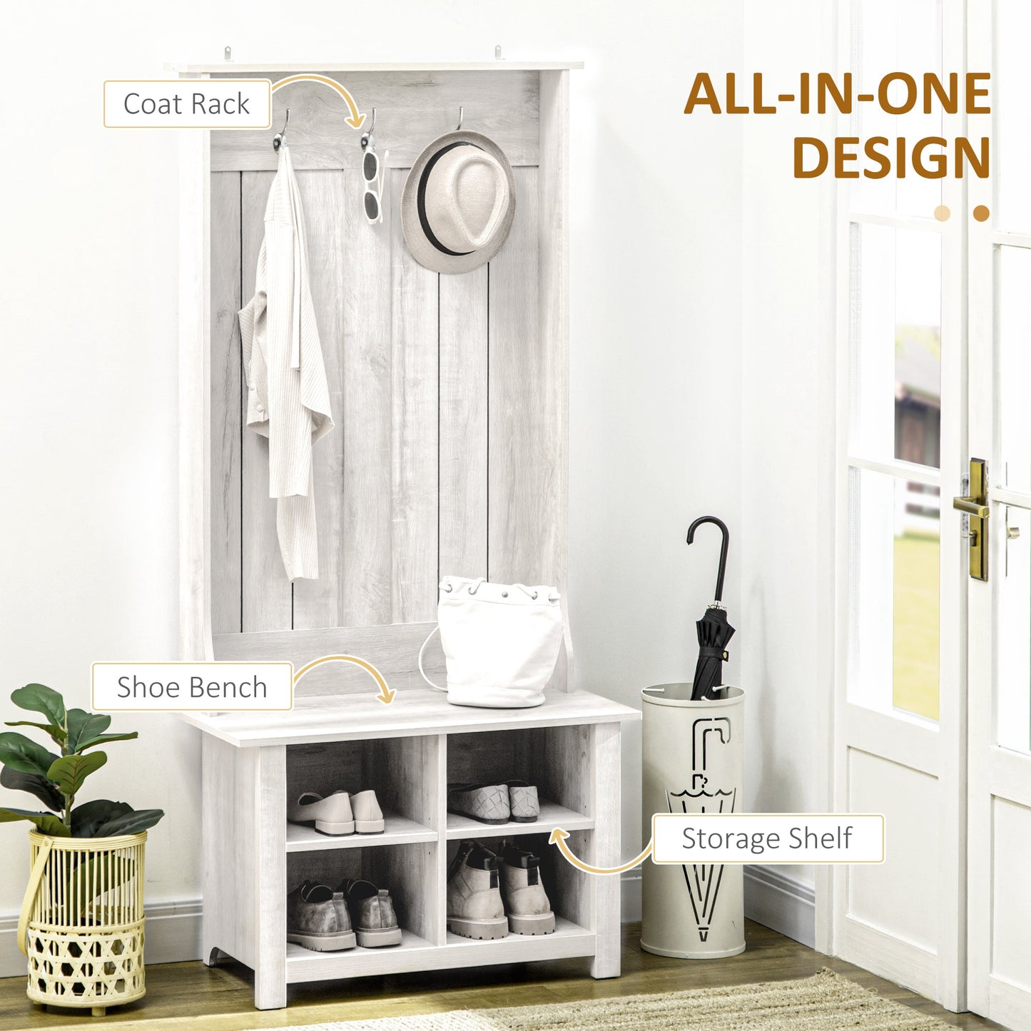 Classic Hall Tree, Accent Coat Tree with Shoe Storage Bench, Adjustable Shelves, 31.5" x 15.5" x 67.5", Distressed White Clothing Storage   at Gallery Canada