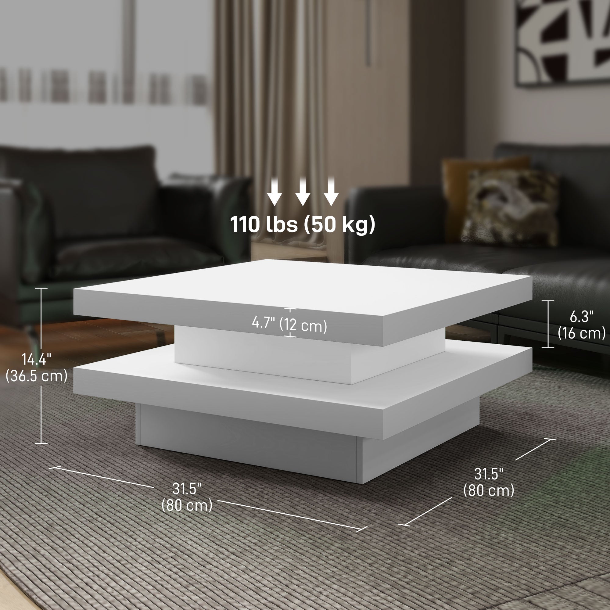 Square Coffee Table with 7 LED Lights and Remote, 2-Tier Modern Center Table for Living Room, White Coffee Tables   at Gallery Canada