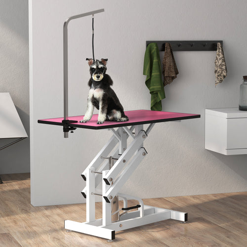 Pet Grooming Table, Height Adjustable Dog Grooming Table with Arm, Noose and Non-Slip Grooming Table, Pink