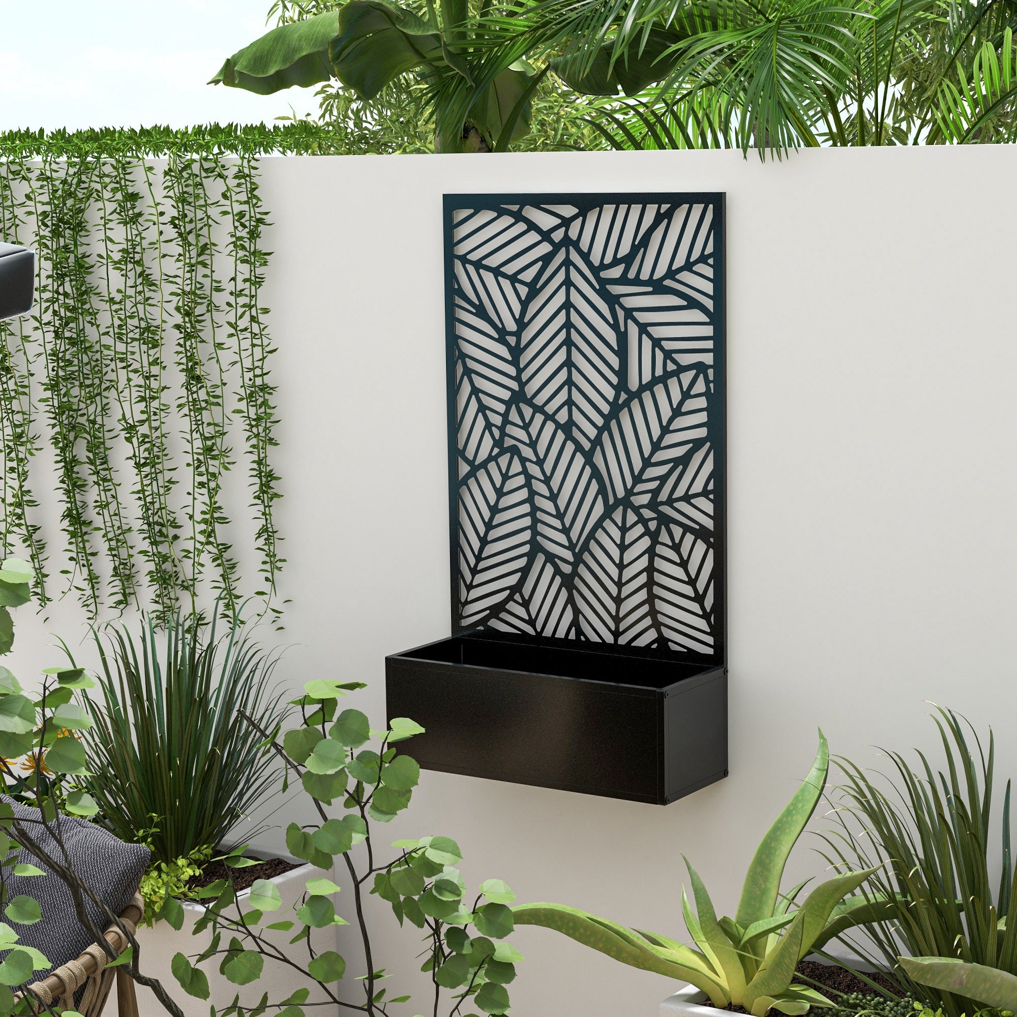 Metal Outdoor Raised Garden Bed with Privacy Screen, Privacy Panel and Planter Box, Wall-Mounted or Freestanding, Black Raised Garden Beds at Gallery Canada