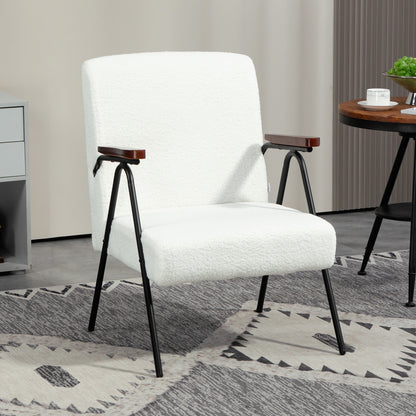 Modern Armchair, Upholstered Teddy Fleece Accent Chair with Wood Arms and Steel Frame for Living Room, Bedroom, White Accent Chairs White  at Gallery Canada