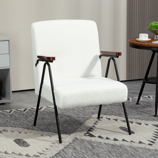 Modern Armchair, Upholstered Teddy Fleece Accent Chair with Wood Arms and Steel Frame for Living Room, Bedroom, White - Gallery Canada