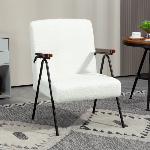 Modern Armchair, Upholstered Teddy Fleece Accent Chair with Wood Arms and Steel Frame for Living Room, Bedroom, White