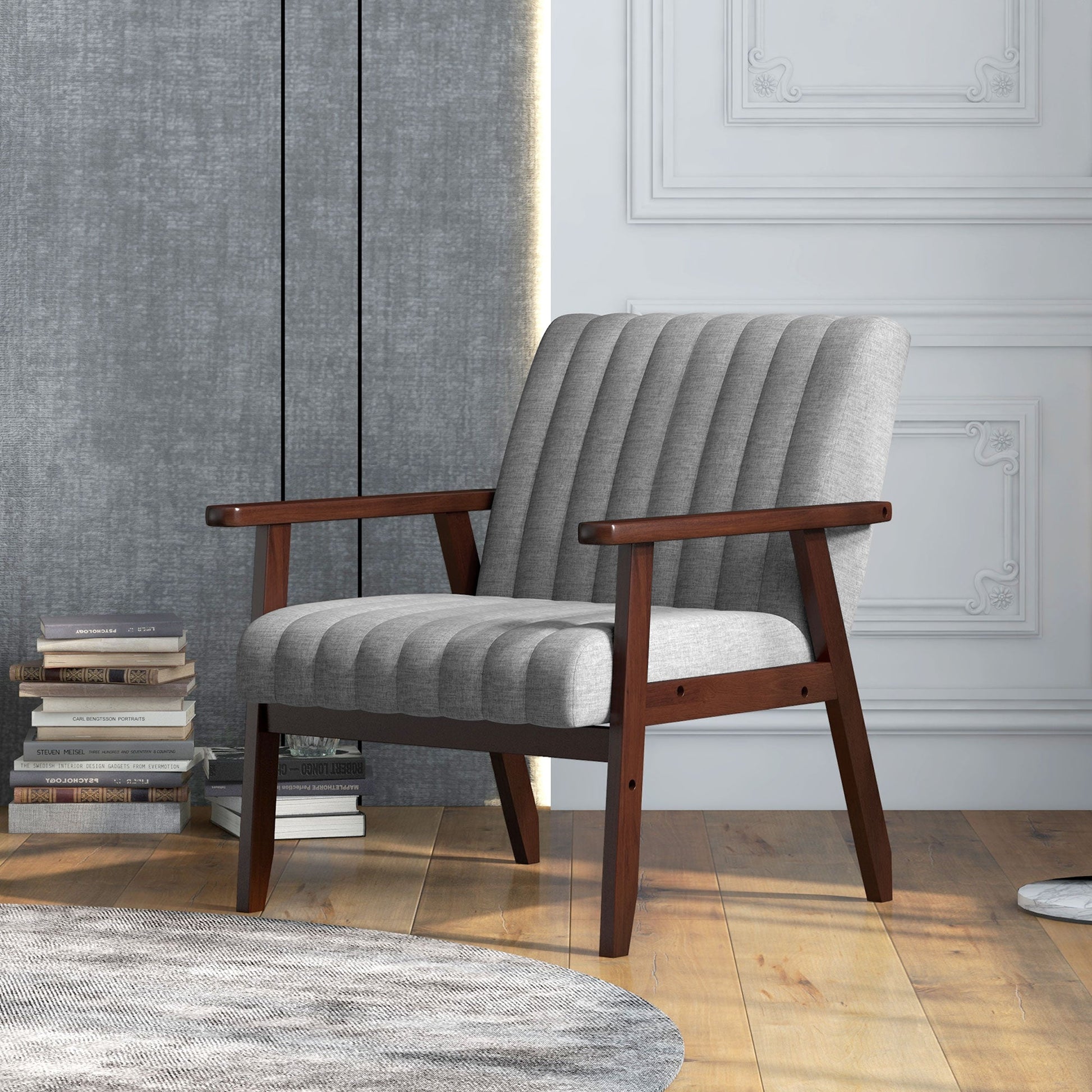 Upholstered Armchair, Modern Accent Chair with Wood Legs and Tufting Backrest for Living Room, Bedroom, Grey Accent Chairs   at Gallery Canada