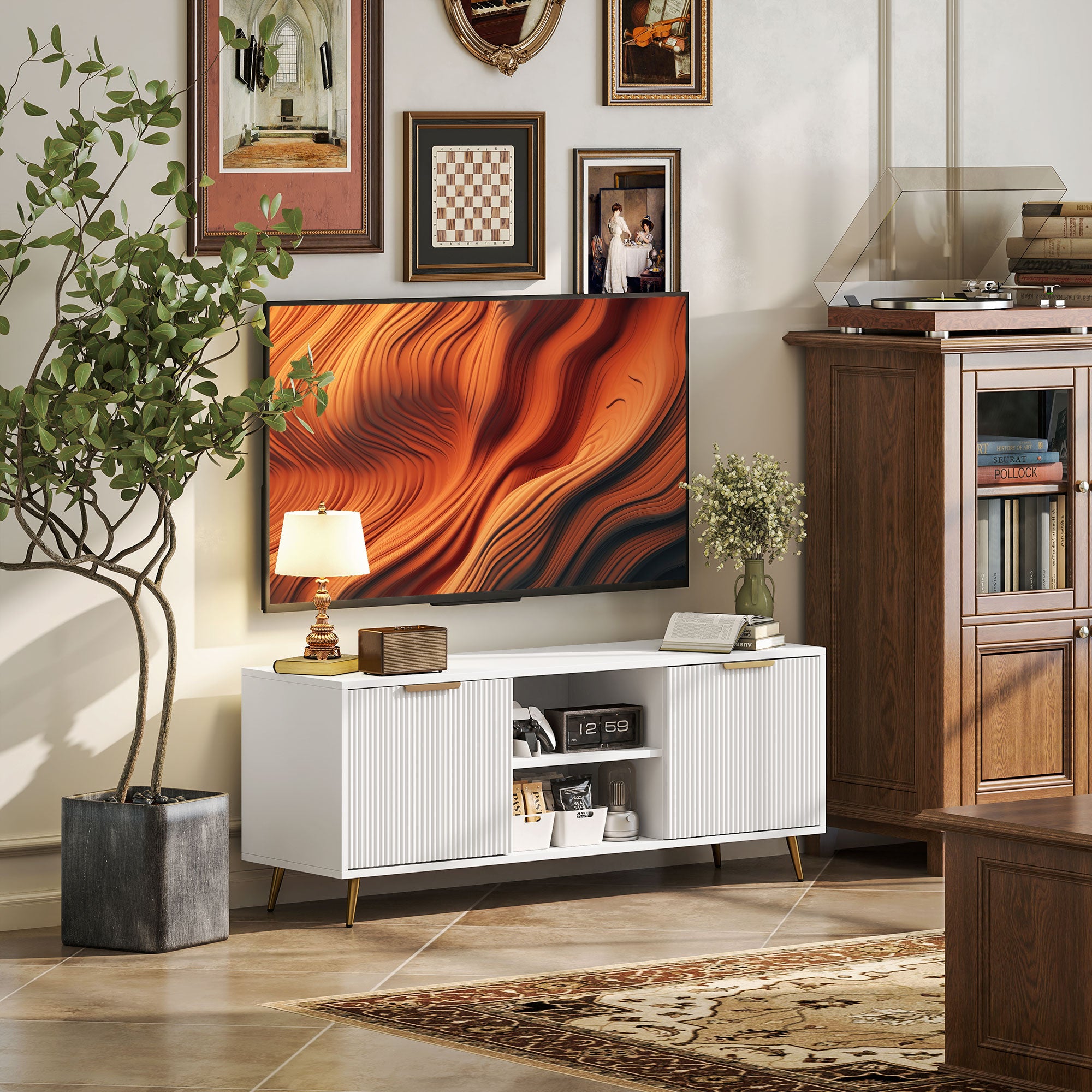 TV Stand with Storage for 55 Inch TV, Modern TV Cabinet with 2 Open Shelves and 2 Cabinets for Living Room, White TV Stands White at Gallery Canada